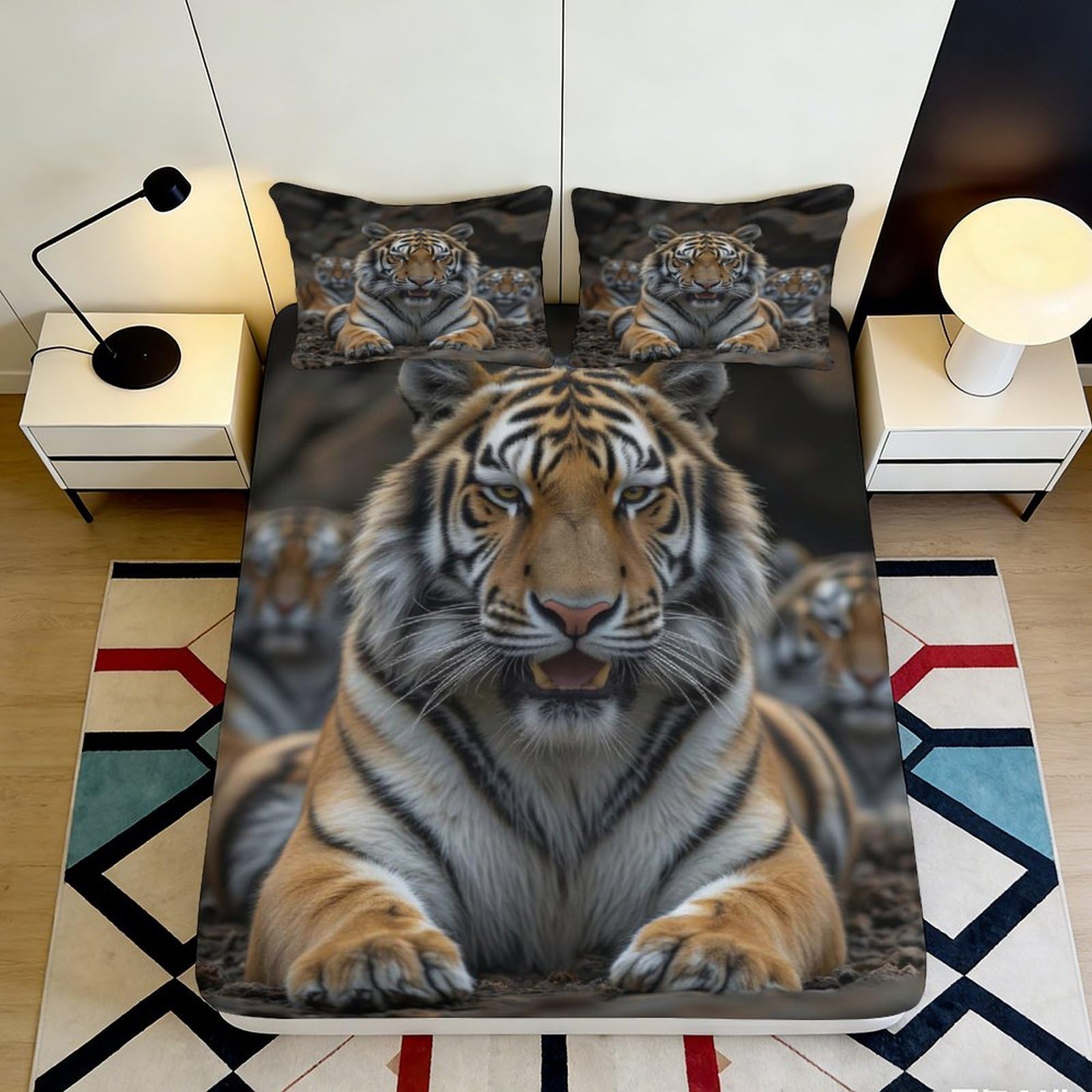 3D Printed Majestic Tiger Fitted Sheet Microfiber Soft Breathable Wild Cat Mattress Cover for Bedroom Dorm Decor 90x200x25cm