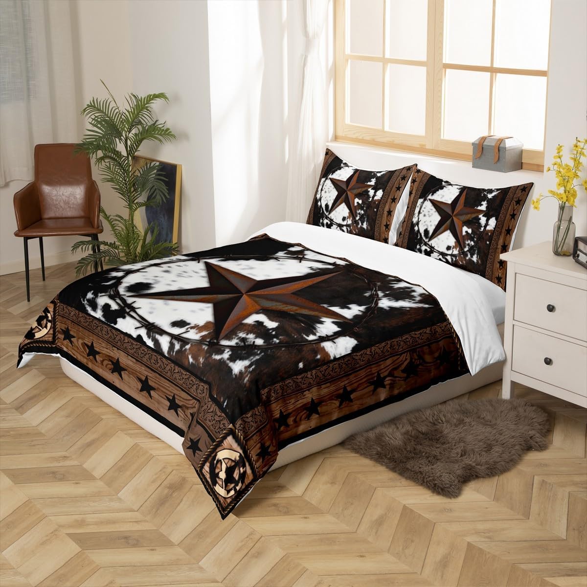 Abstract Cow Fur Print Kids Duvet Cover Set King Size,Boys Girls Adults Xmas Decor,Western Stars Wooden Board Comforter Cover,Rustic Farmhouse Bedding Set,Brown Retro Quilt Cover,2 Pillowcases