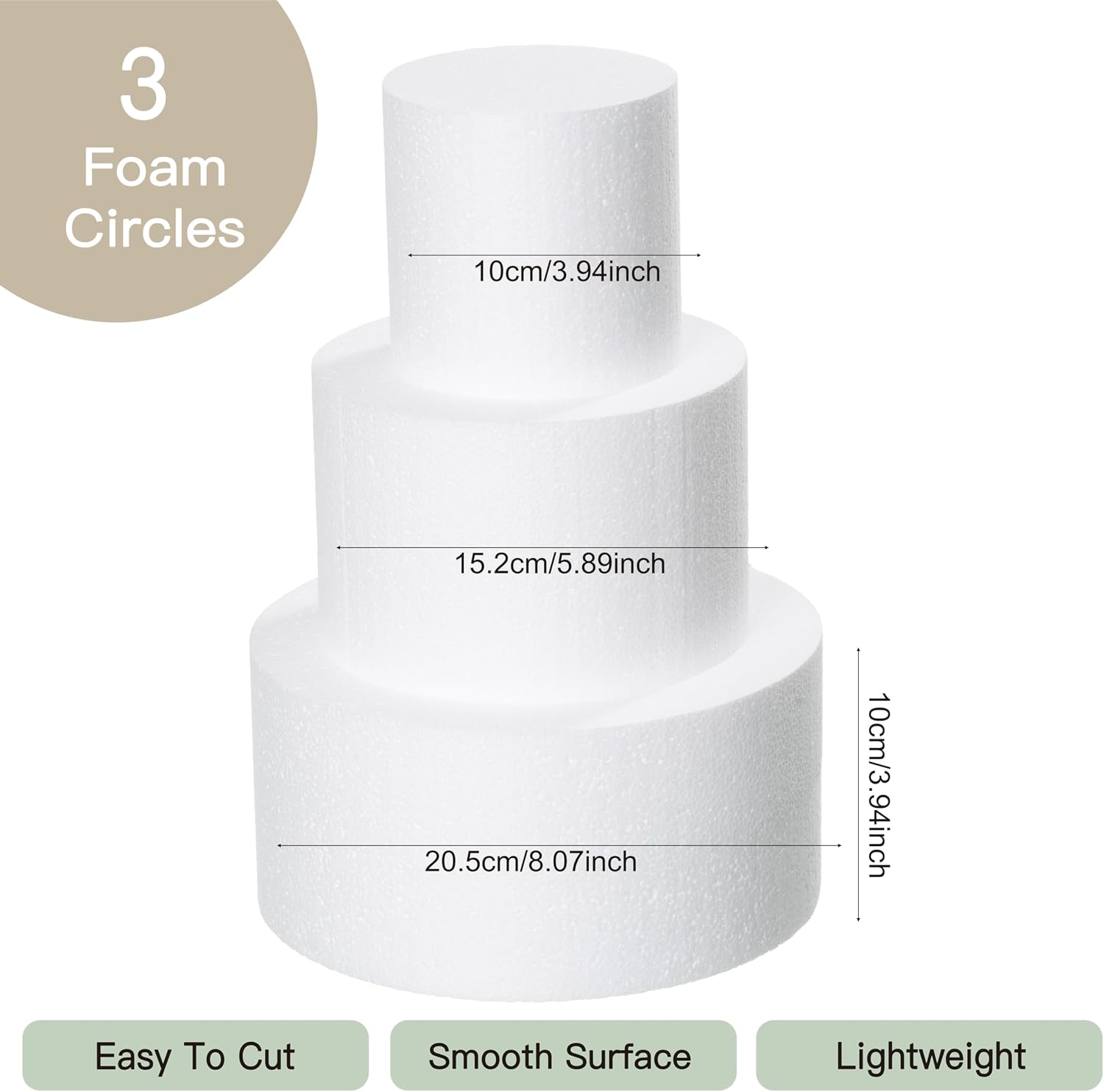 3 Tiers 4" 6" 8" Round Styrofoam Cake Dummies Set 12 Inch Tall White Fake Cake, Dummy Cake for Wedding Cake Supplies Decorating Birthday, Baby Shower Display