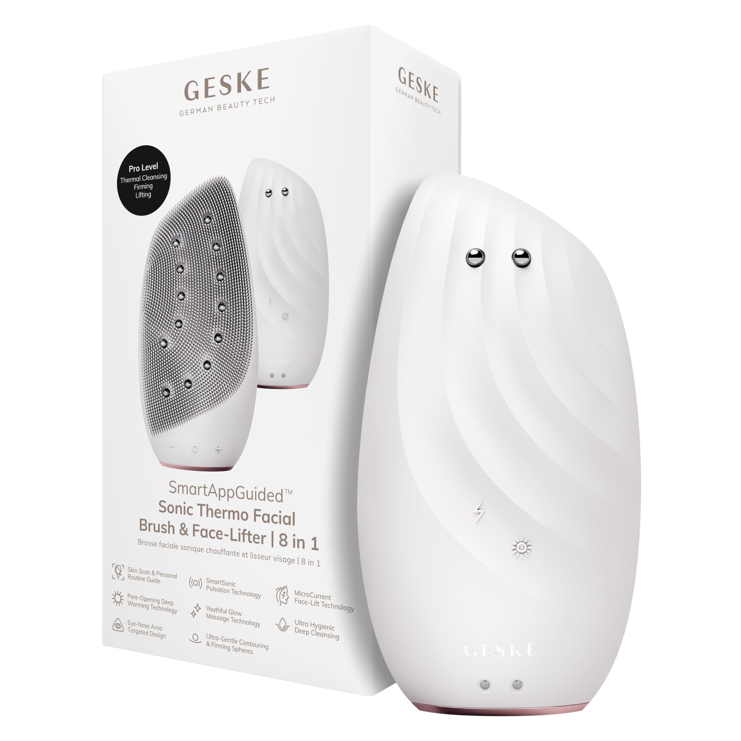 Geske | SmartAppGuided Brosse faciale thermique sonique et liftante | 8 in 1 | Nettoyage de la peau & anti-rides | Brosse de nettoyage électrique en silicone | Masseur facial | Nettoyante & anti-âge
