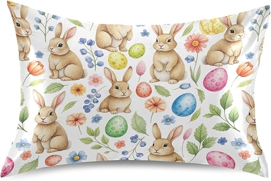 Cute Rabbits Easter Eggs Silky Pillowcase Satin Pillow Cases Standard Size 20 x 26 Inch Soft Pillow Covers with Envelope Closure for Sofa Bed Couch, 1 Pack