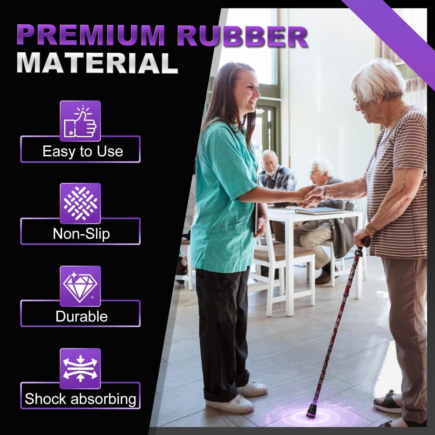 supregear Cane Tips 3/4 Inch, 2-Pack Non Slip Rubber Replacement Tips for Walking Cane, Heavy Duty All Terrain Feet with Metal Insert, Easy Installation and Shock-Absorbing, Black + Purple