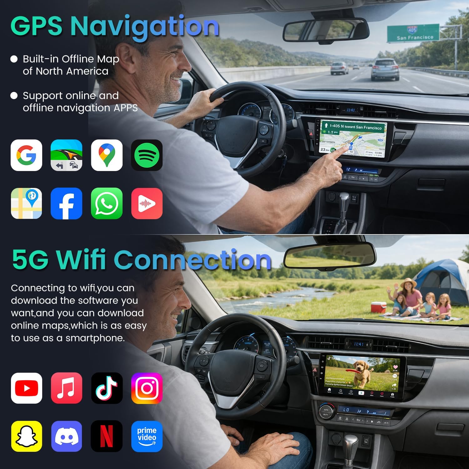 Car radio screen displaying GPS navigation with a map and route information, alongside icons for various apps like Google Maps and Spotify.