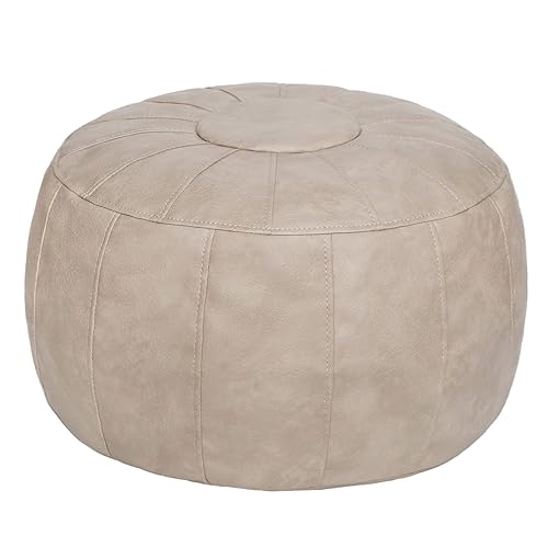 Thgonwid Unstuffed Handmade Moroccan Round Pouf Foot Stool Ottoman Seat Faux Leather Large Storage Bean Bag Floor Chair Foot Rest for Living Room, Bedroom or Wedding Gifts (Light Brown) - Cream White