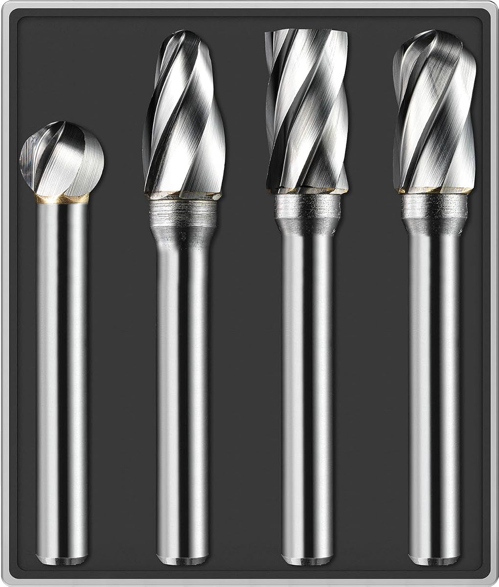 4Pcs Carbide Burr Set 1/4 Shank Aluminum Cut (Wide-Flute Cut) Die Grinder Bits Rotary Tools Attachment Kit Rasp File Accessories Metal Wood Stone Steel Grinding Deburring Cutting Porting Carving