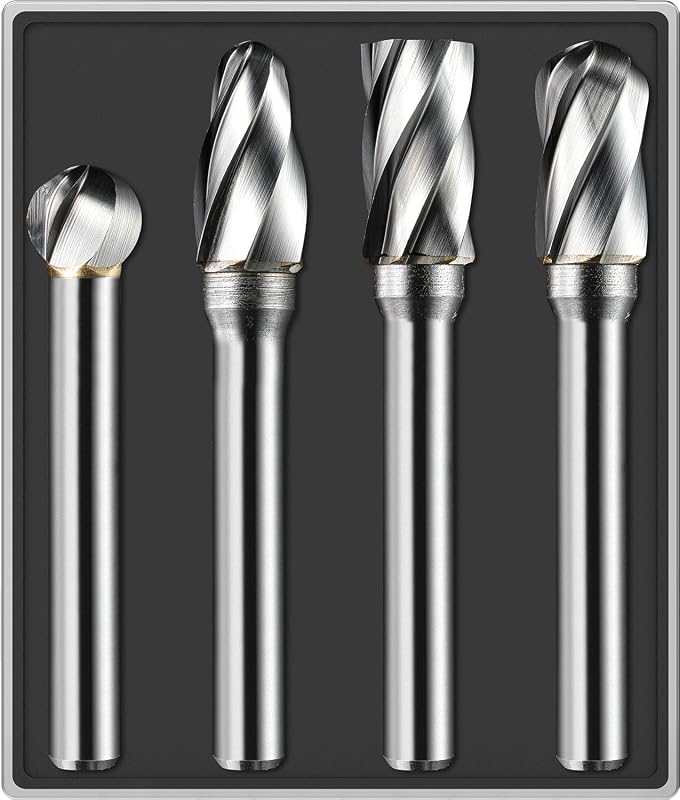 4Pcs Carbide Burr Set 1/4 Shank Aluminum Cut (Wide-Flute Cut) Die Grinder Bits Rotary Tools Attachment Kit Rasp File Accessories Metal Wood Stone Steel Grinding Deburring Cutting Porting Carving
