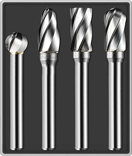4Pcs Carbide Burr Set 1/4 Shank Aluminum Cut (Wide-Flute Cut) Die Grinder Bits Rotary Tools Attachment Kit Rasp File Accessories Metal Wood Stone Steel Grinding Deburring Cutting Porting Carving