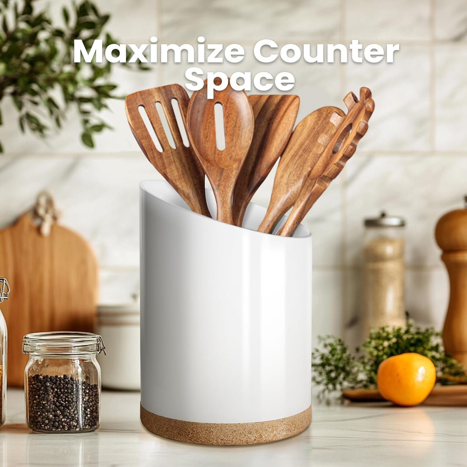 KITEISCAT Large Ceramic Utensil Holder for Kitchen Counter, Modern Crock with Slanted Top & Cork Mat, for Spatulas & Cooking Spoons, White