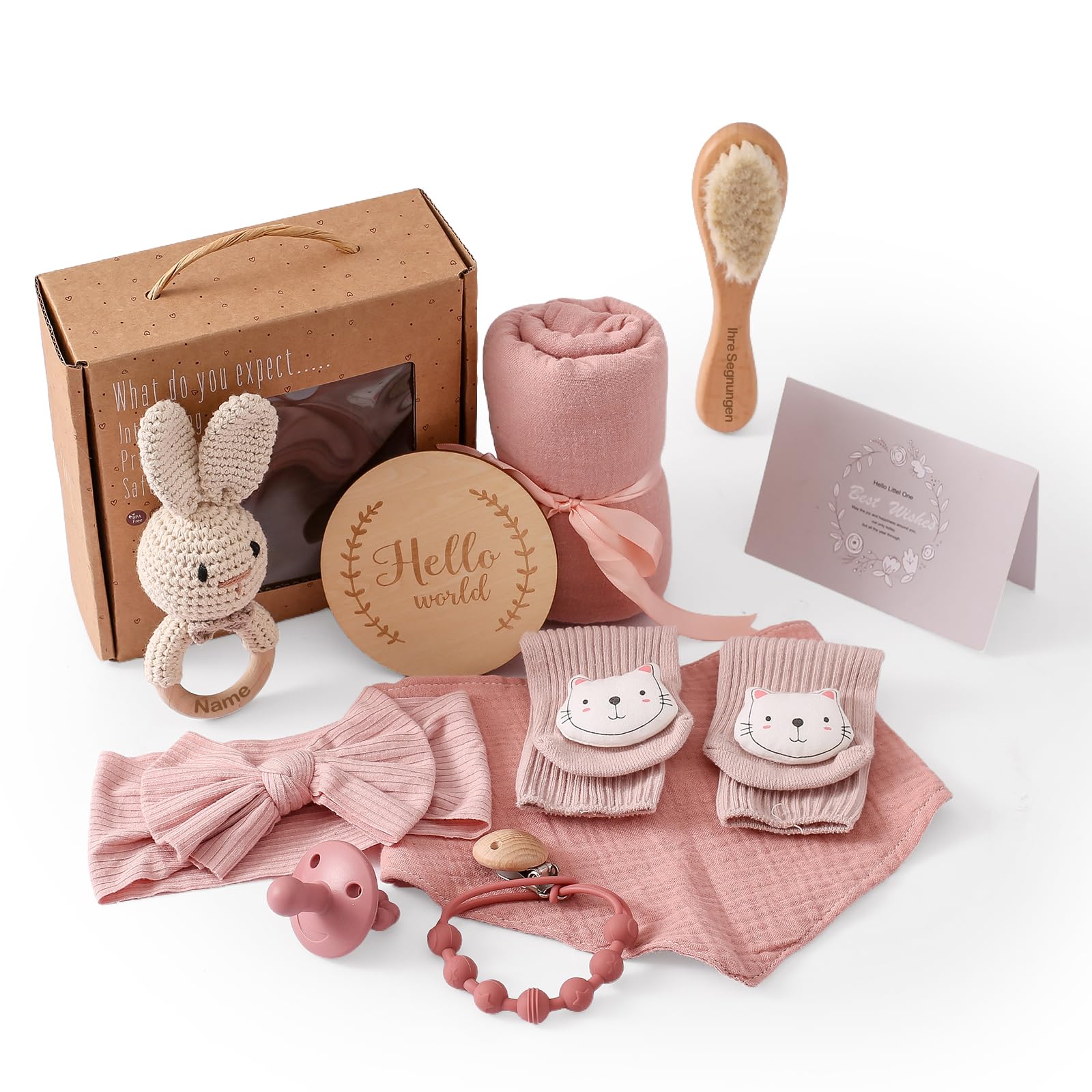 WOODEN TEETHER 10-Teilig Set(kann graviertund gesegnet werden), Baby Geschenk Mädchen Junge für Neugeborene, Badetücher, Rassel, Meilensteinkarten, Lätzchen, Socke, Bürste, Babyparty(Rosa)