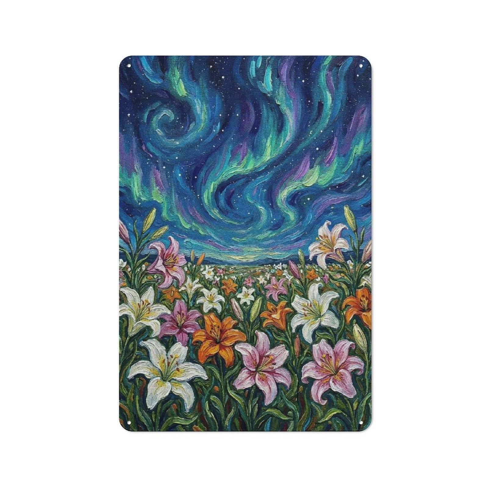 Classic Lily Field Under Aurora Borealis Painting Metal Wall Plaque 30x20cm, Nostalgic Wall Art for Living Room, Hallway, Kitchen Or Cafe