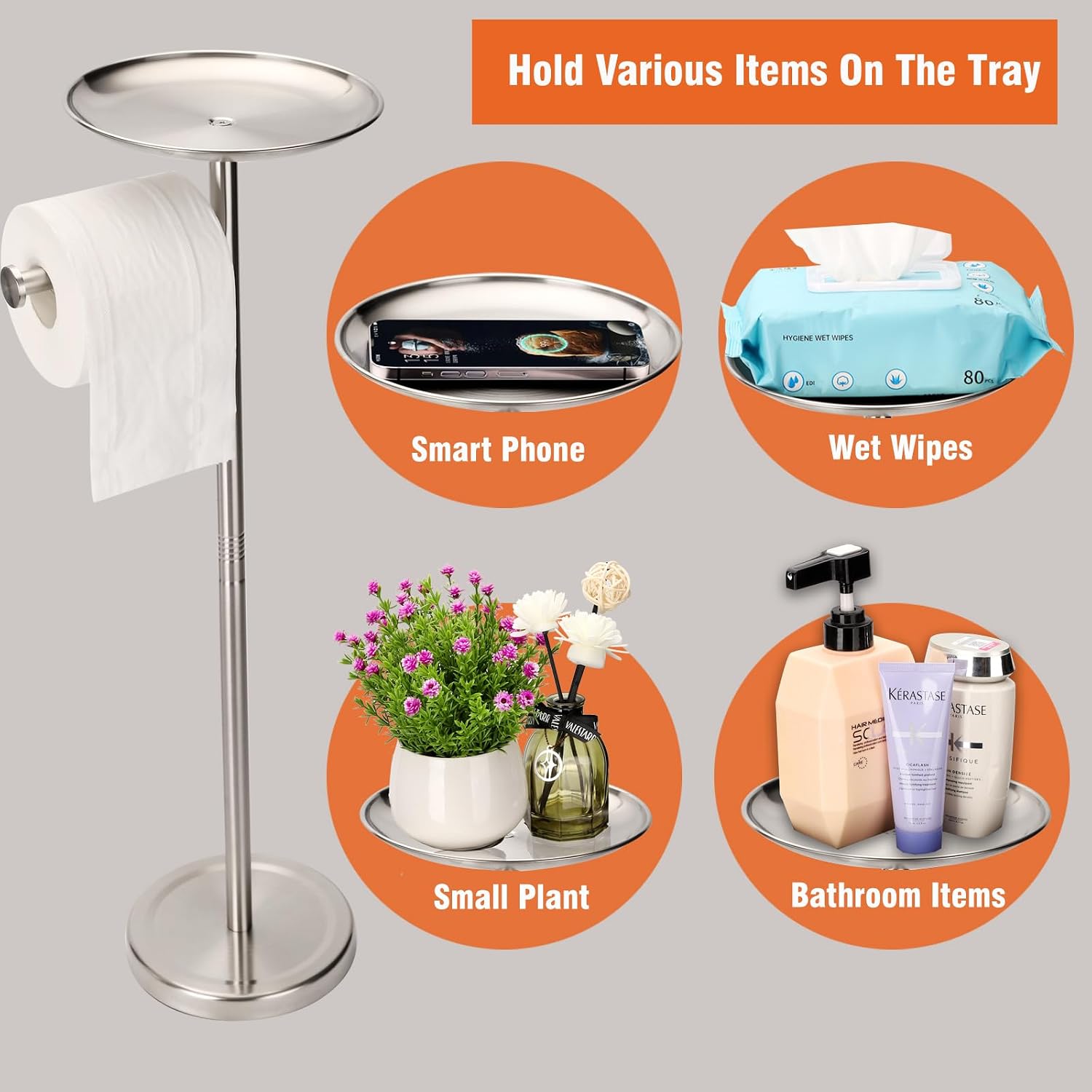 Tofix Freestanding Toilet Paper Holder with Shelf and Tray, Stainless Steel Base, Brushed Nickel image 4