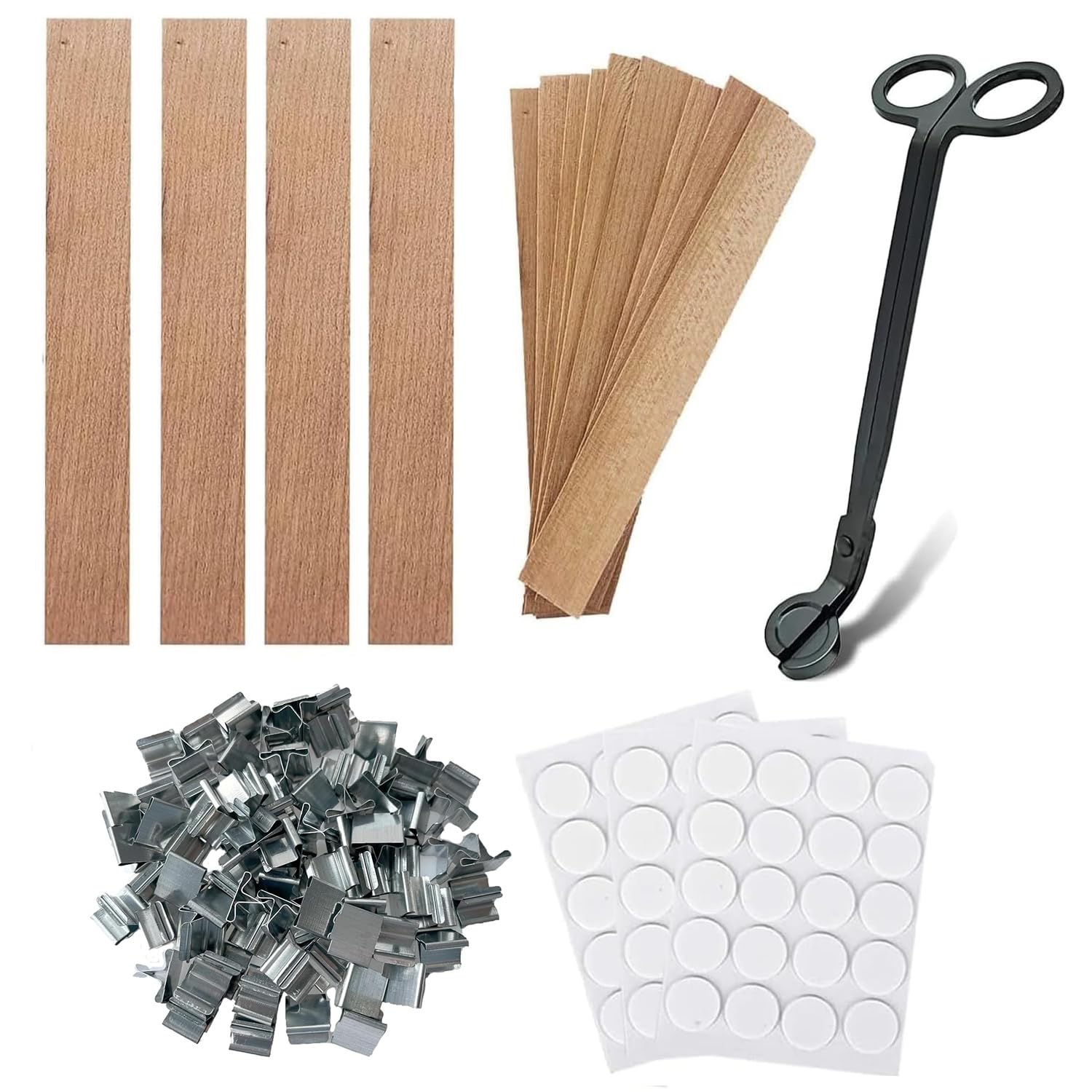 50 PCS Wooden Candle Wicks & Wick Trimmer Wood Candle Wicks 5.1 x 0.5 x 0.02 Inch Smokeless Wood Wicks for Candles with Candle Wick Trimmer and Iron Stand for DIY Candle Making（Use Two Wicks）