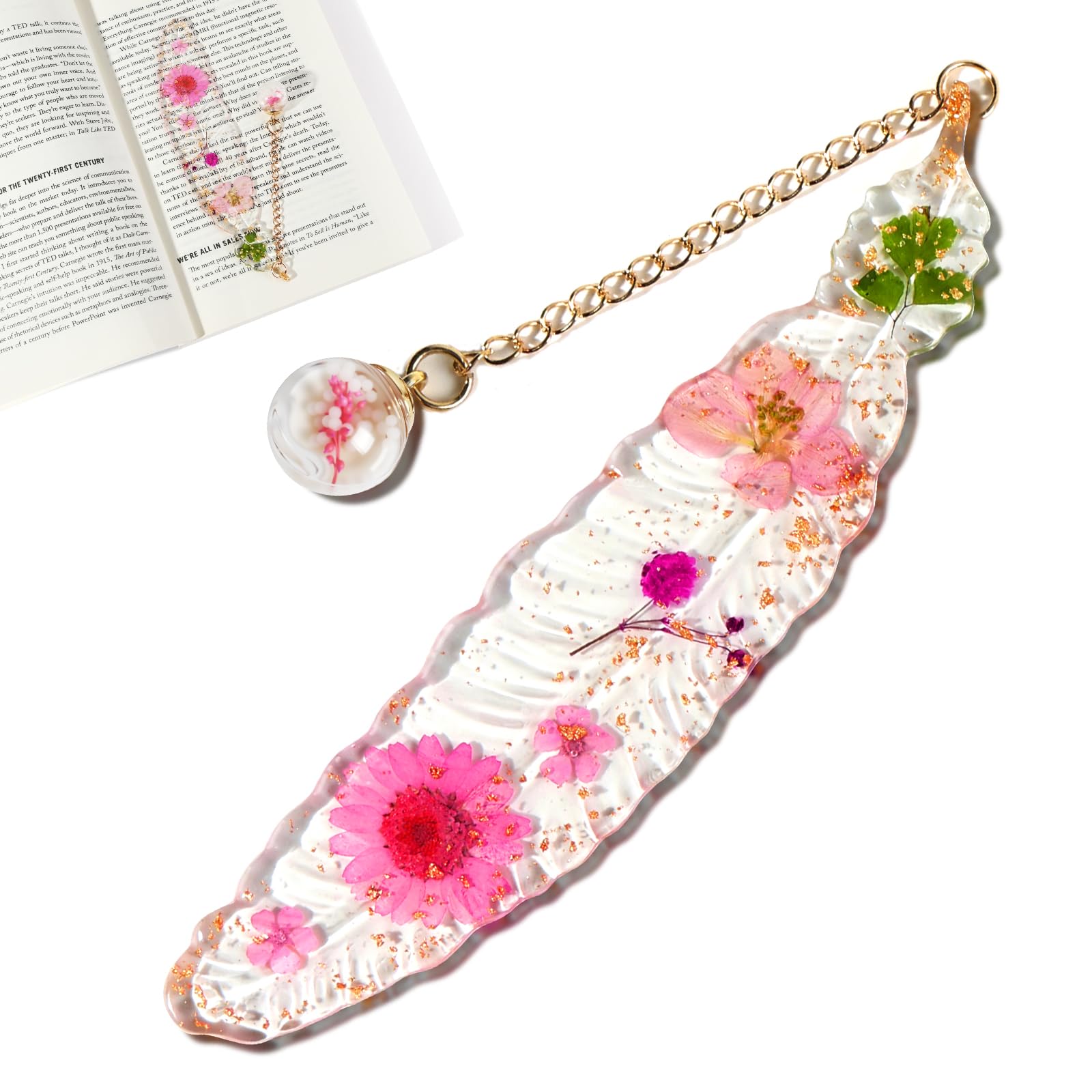 Marcapáginas de Flores Secas de Resina con Caja de Regalo - Accesorio de Lectura Original para Estudiantes y Mujeres (Rosa)