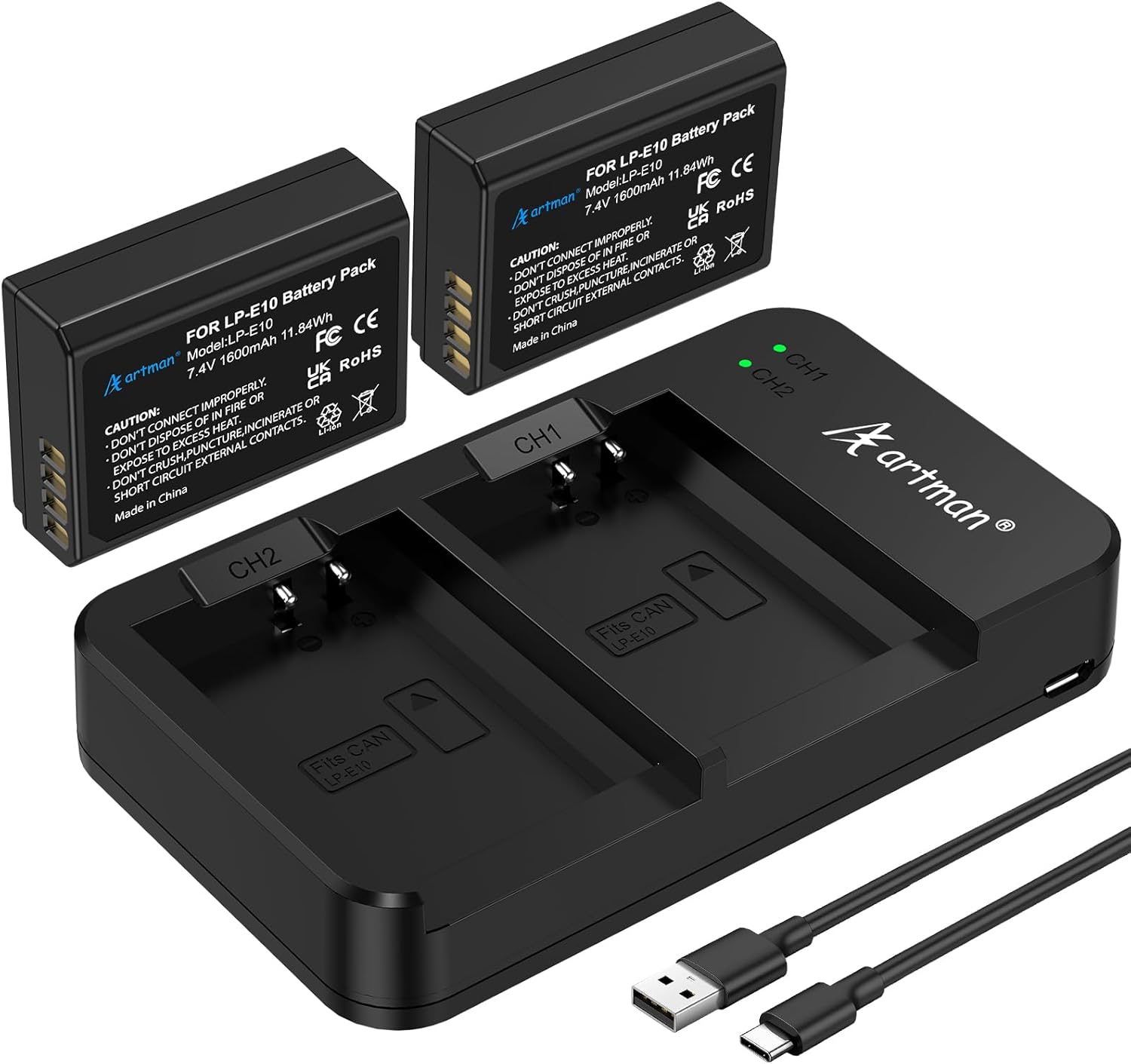 Artman LP-E10 Battery 2-Pack 1600mAh and Rapid Dual LP E10 Battery Charger for Canon EOS Rebel T7 T6 T5 T3 T100, Kiss X50 X70 X80 X90, EOS 1100D 1200D 1300D 1500D 2000D 3000D 4000D Digital Cameras