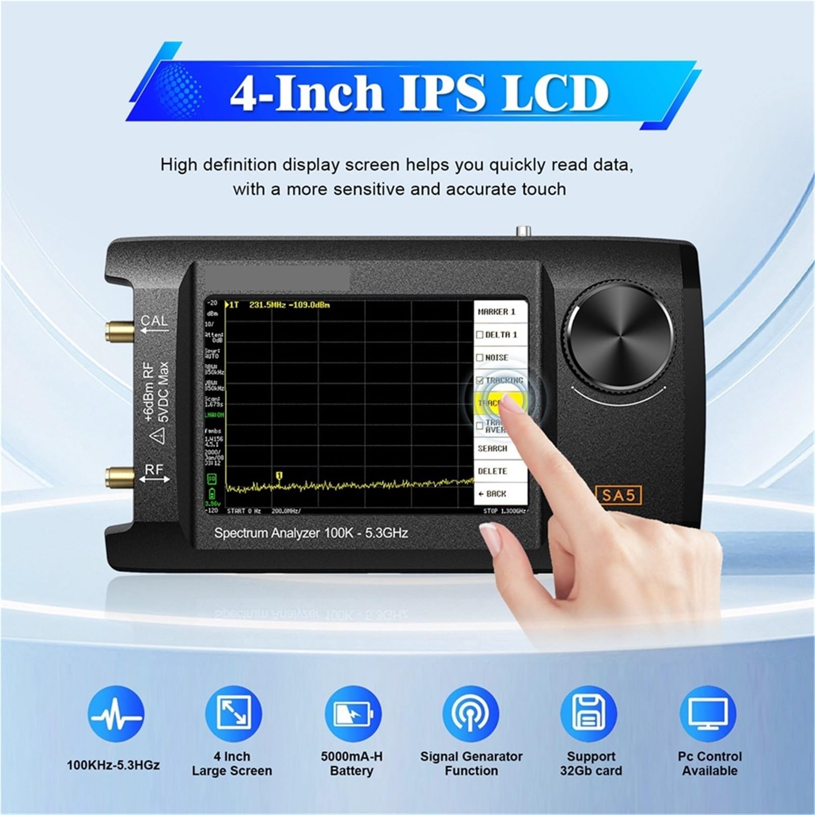 Analizador de Espectro Analizador de espectro portátil multifunción SA5 con pantalla IPS LCD 4 pulgadas, generador señales 100k-5,3 GHz batería