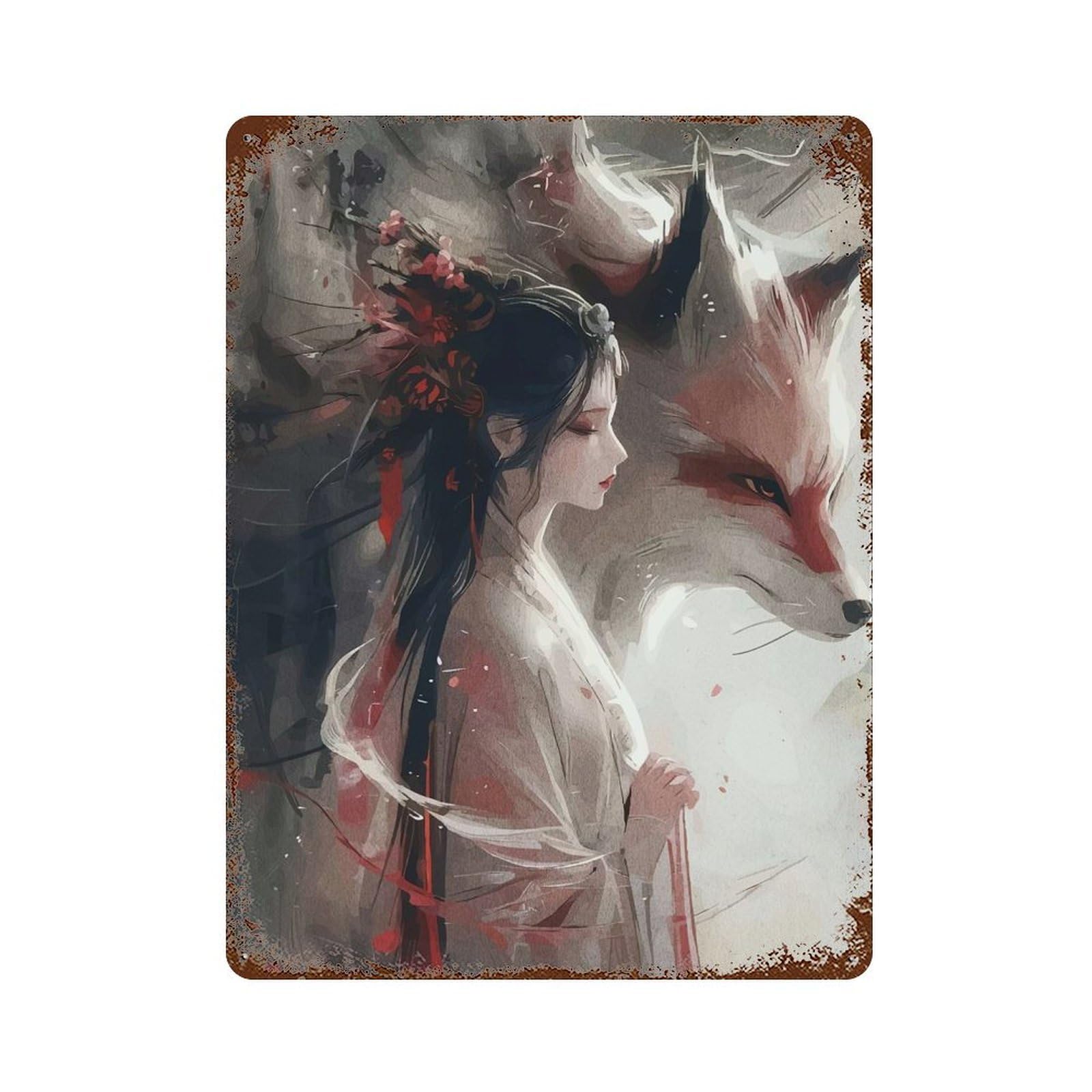 Garage Style Woman And Fox Rusty Metal Tin Sign 15.7"x11.8", Classic Wall Plaque for Bar And Workshop