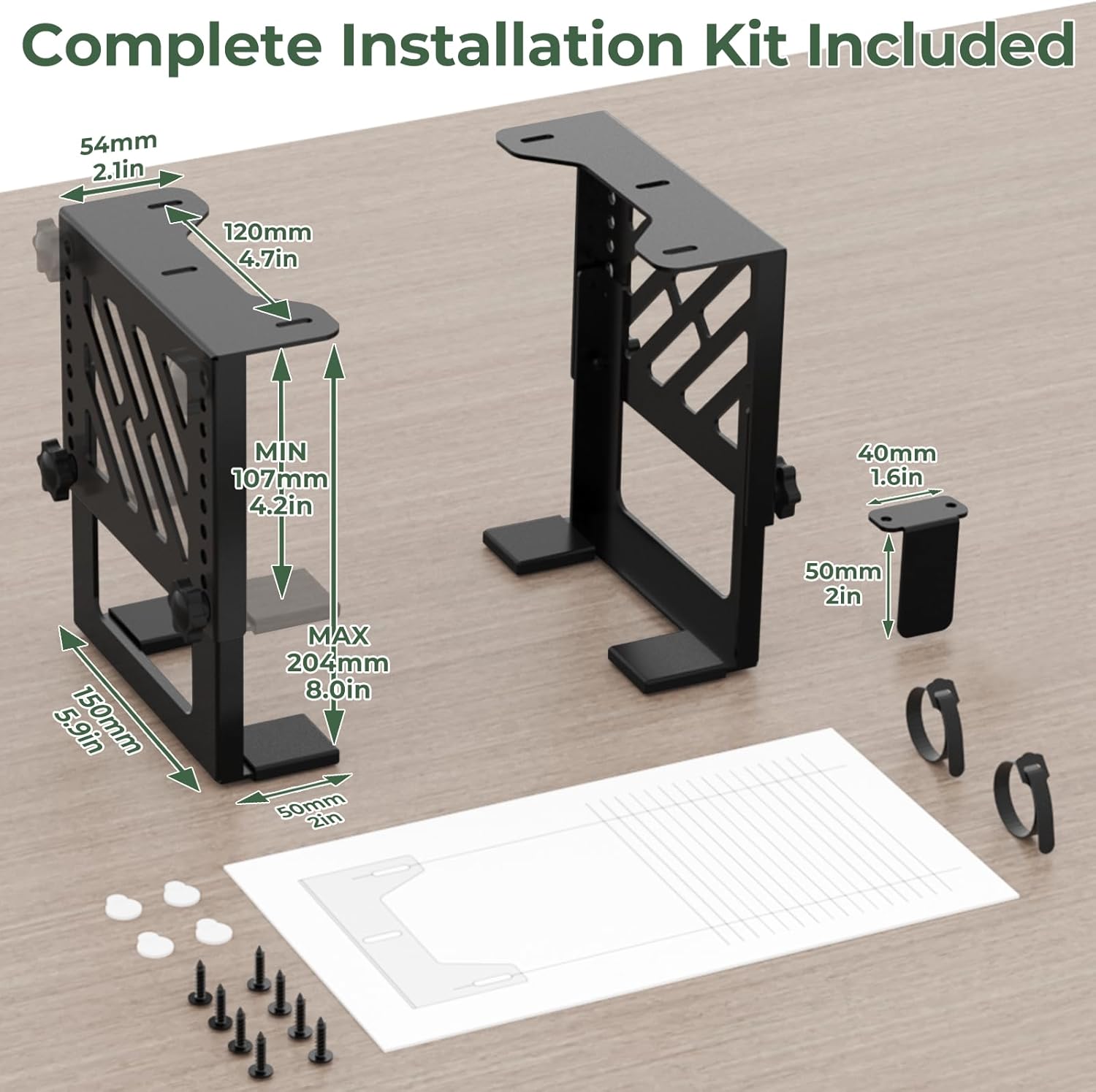 Under Desk Mount Holder for NAS, Mini PC, CPU, UPS, DVD, Label Printer, SFF Desktop Tower, Xbox Series S, Xbox One S/X, Xbox 360, PS4 Slim/Pro, Adjustable Height Under Desk PC Mount with Cable Straps