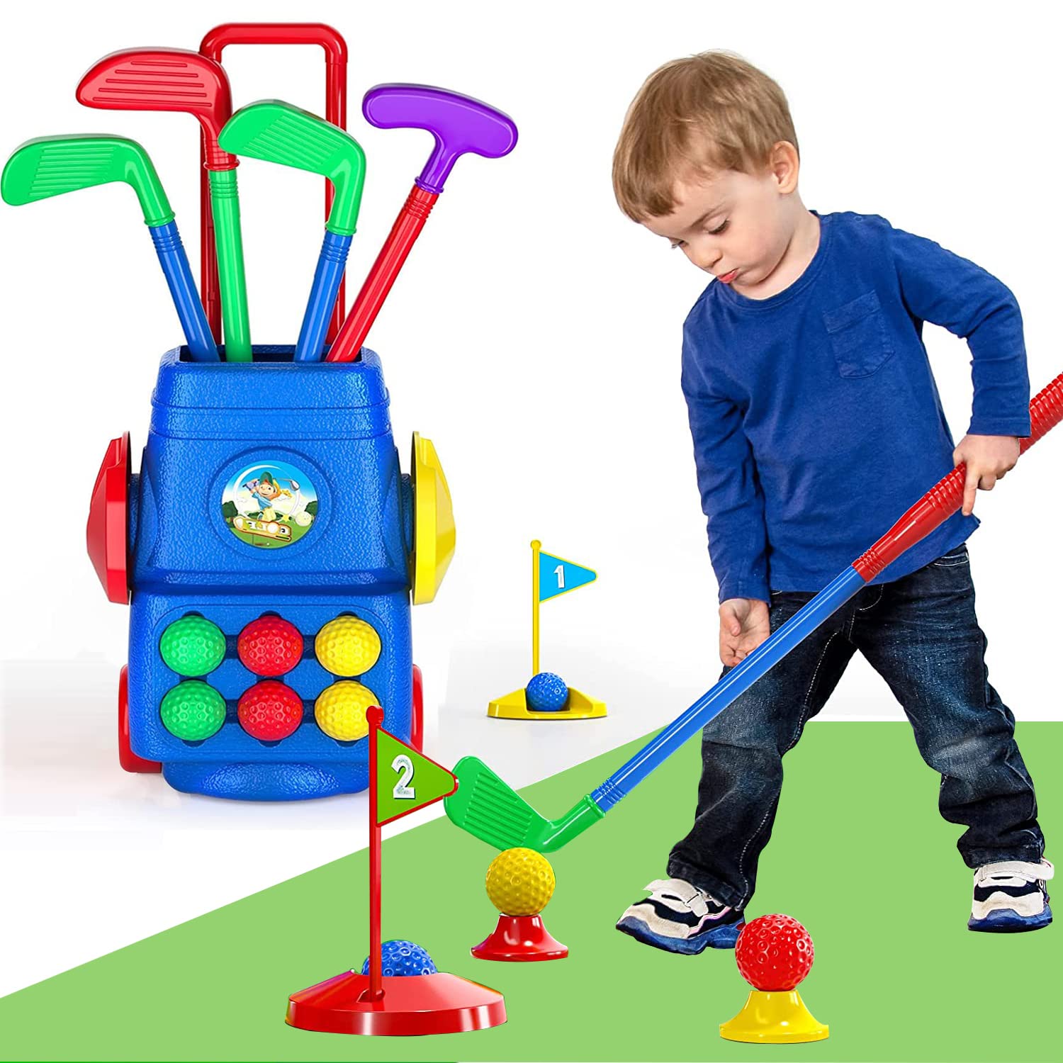AM ANNA Toddler Golf Toy Set - Kids Golf Suitcase Game Play Set & Sports Toys with 6 Balls,4 Golf Sticks,2 Practice Holes,Toddler Indoor Outdoor Activity Play Game Gift for Boys Girls 3 4 5 6 Year Old