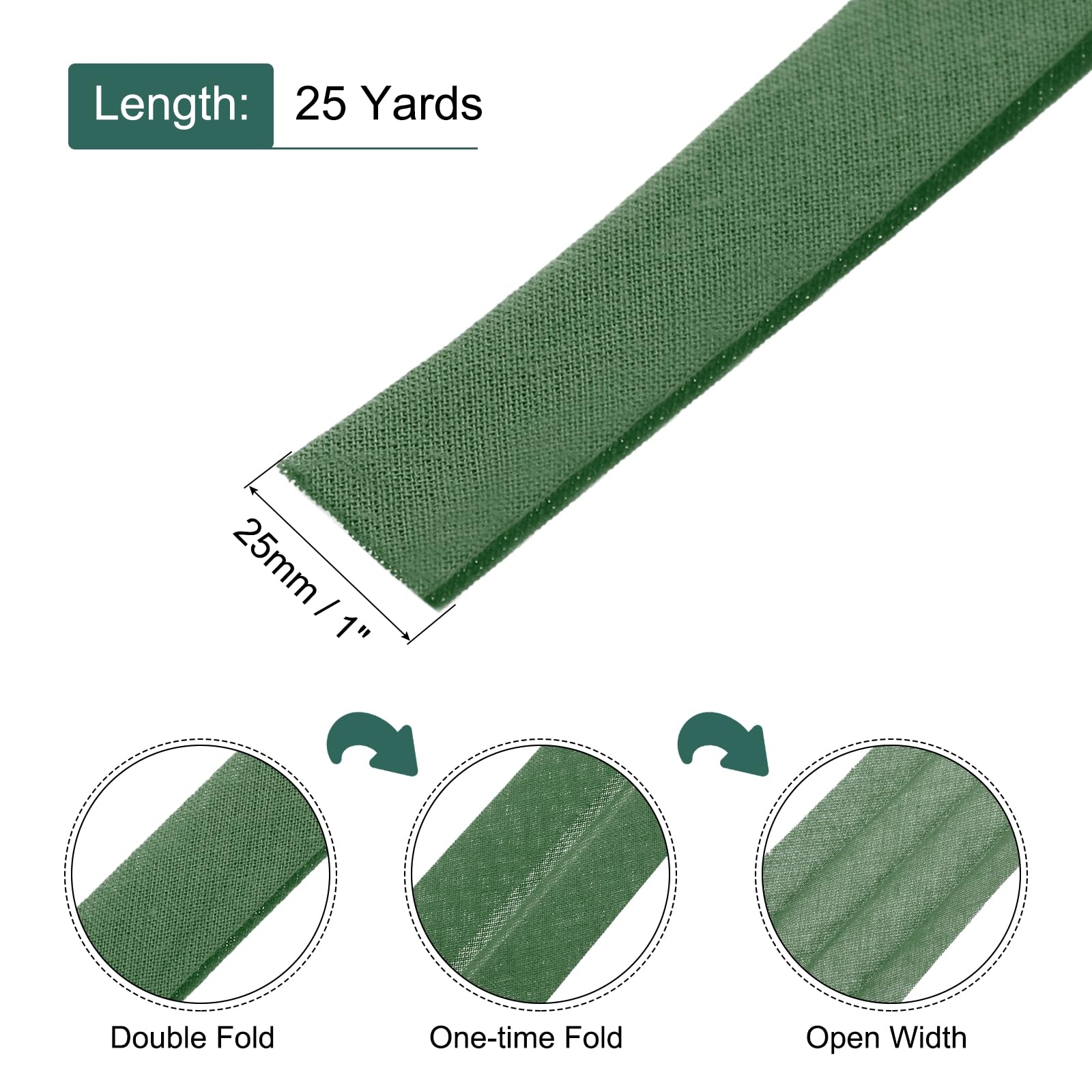 MECCANIXITY 1 Inch Double Fold Bias Tape Continuous Bulk Cotton Bias Tape for Sewing Seaming Quilting Hemming Binding Crafts (Army Green 25 Yards)
