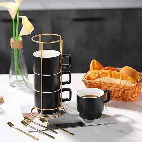 Miniatura 3 de LURRIER Juego de tazas de café apilables grandes de porcelana con estante y base de madera, juego de tazas de café hechas a mano con patrón de