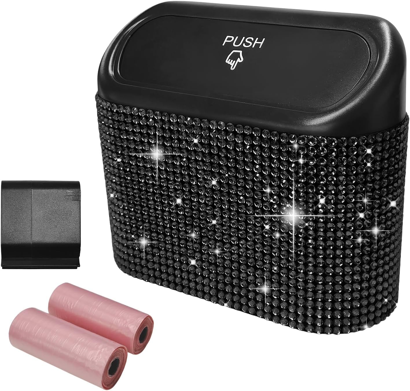 Sun Walker Bling Car Trash Can with Lid, Leakproof Mini Rhinestone Auto Garbage Bin with Trash Bags, Sparkling Crystal Garbage Container Interior Organizer for Vehicle Home Office (Black)