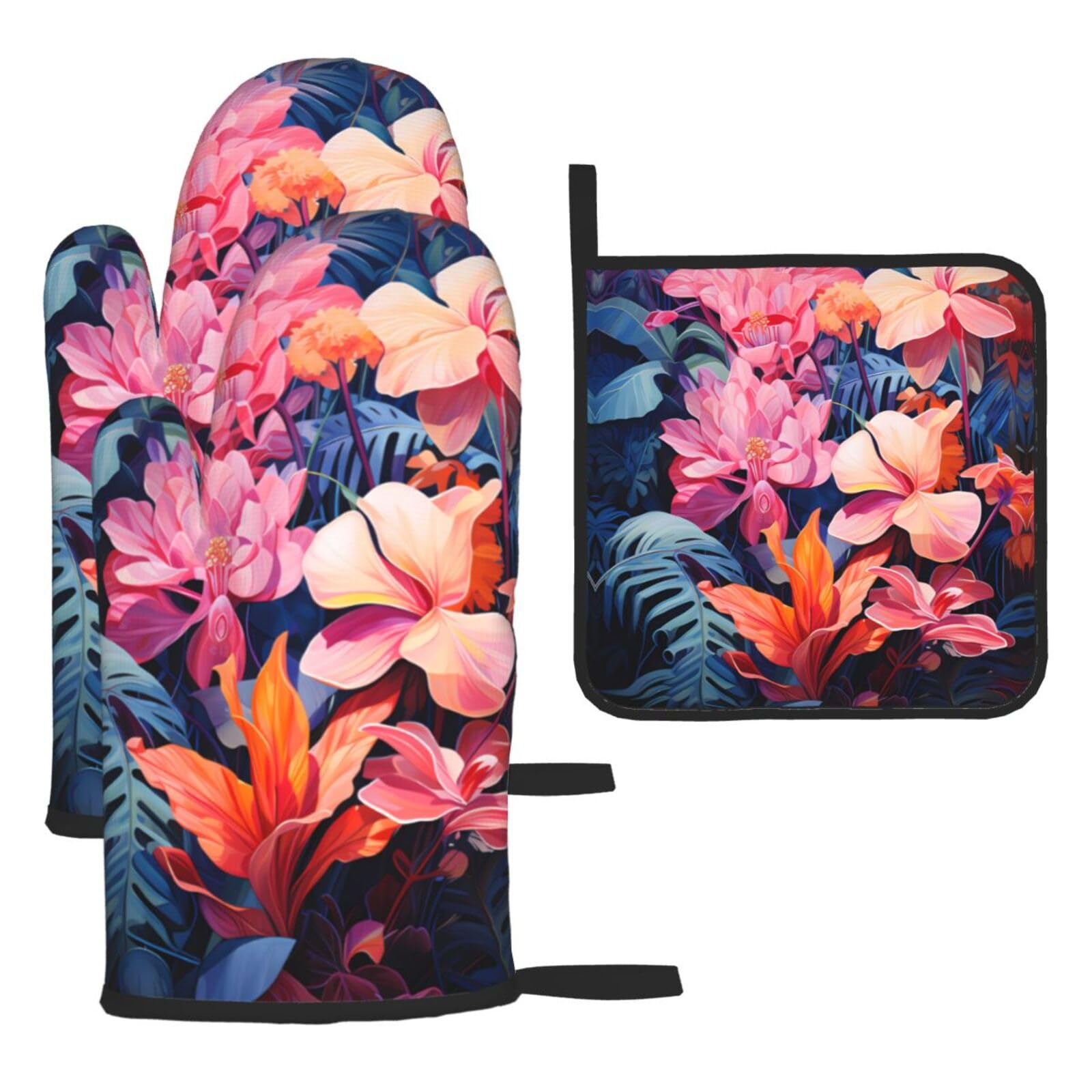 Colorful Tropical Plant Leaves Oven mittens and oven mitts three-piece set suitable for oven, grilling, baking, microwave and home cooking.