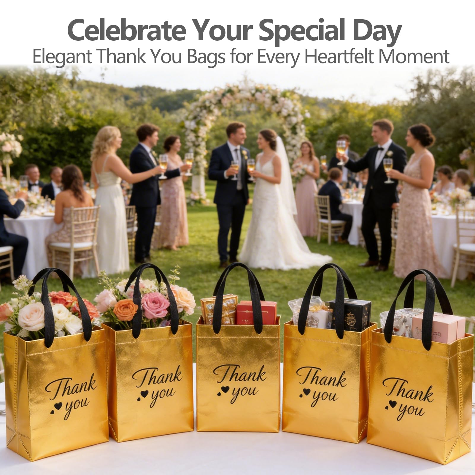 60 Pcs Reusable Gift Bags with Handles Set (10 x 8 x 4 Inch), Include 30 Thank You Bag & Tissue Paper, Medium Colorful Gift Bag Bulk for Birthday, Baby Shower, Bridal Shower, Wedding, Party & Events