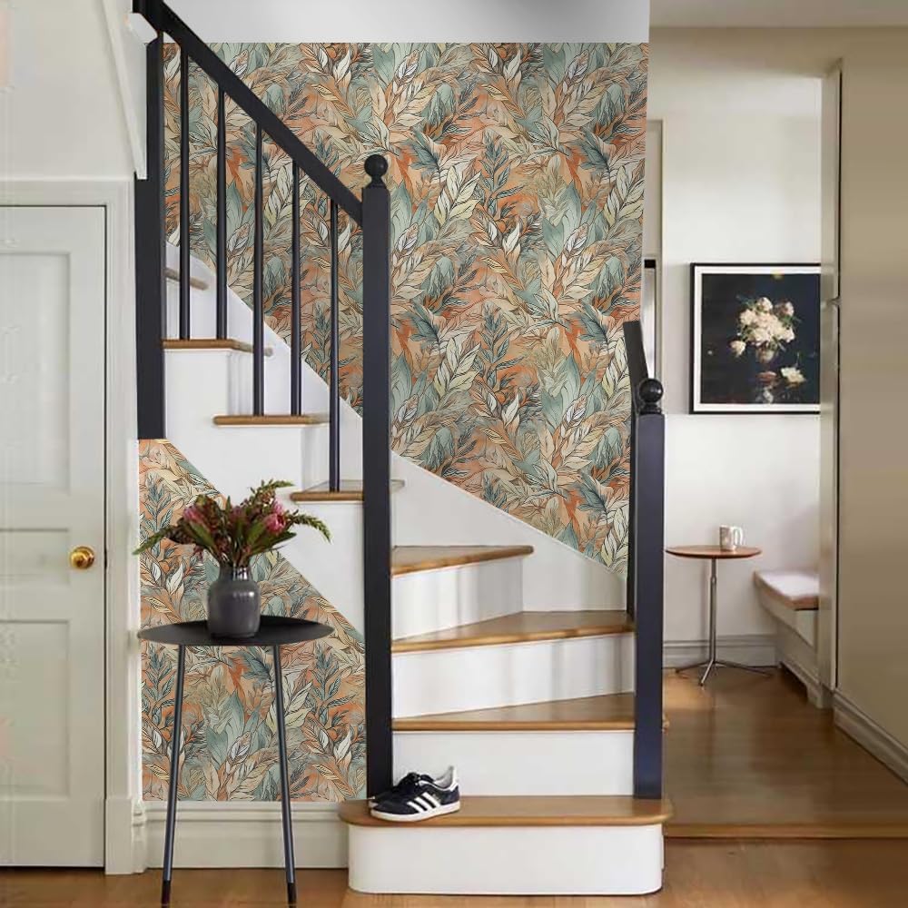 18"x236" Vintage Boho Autumn Leaves Peel and Stick Self Adhesive Wallpaper Removable Contact Paper Stick on Easy Peel Off Wall Paper for Kitchen Bedroom Bathroom Renter
