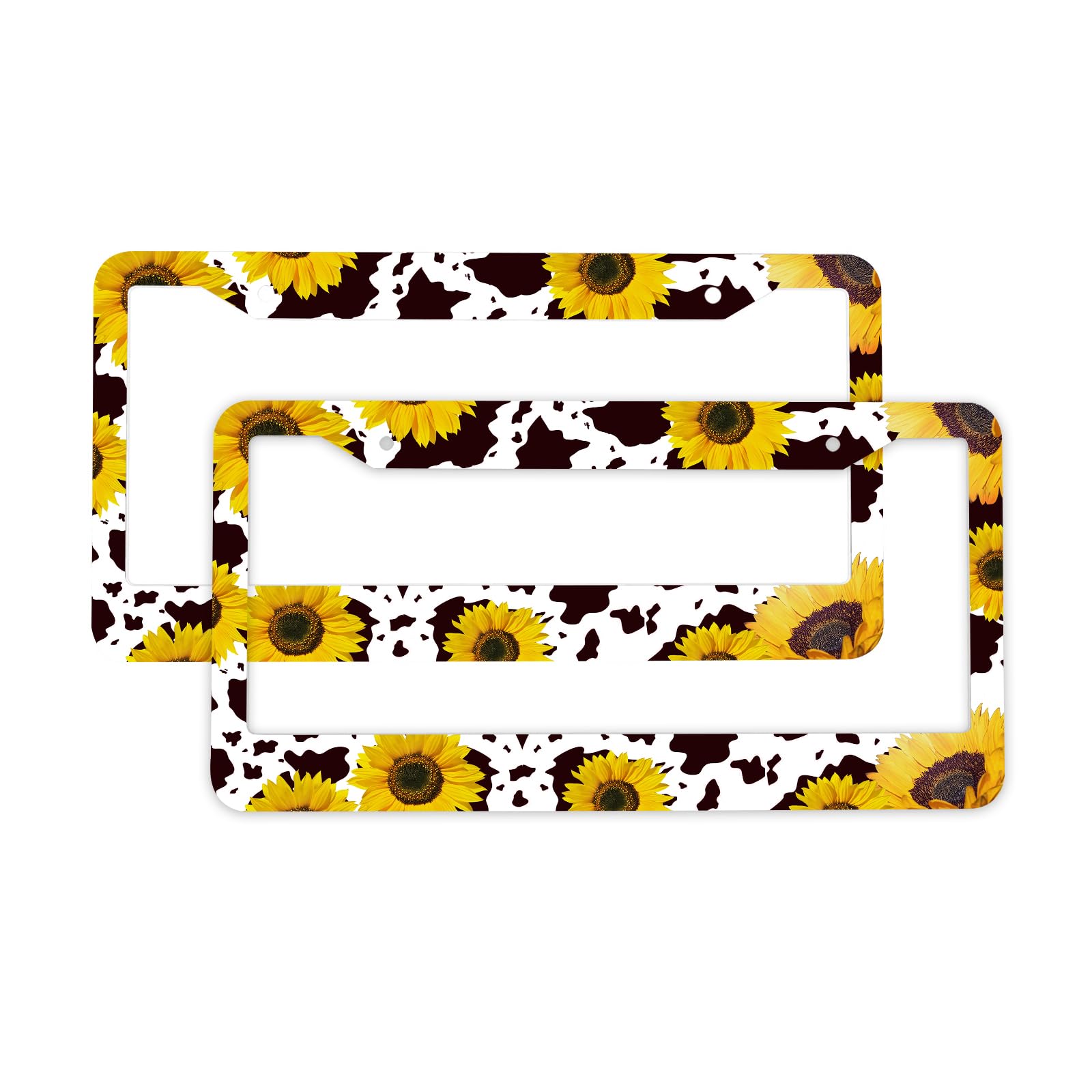 Photo 1 of 2 Pcs Sunflower Cow Print License Plate Frame Brown Cow Patten Car Tag Frame License Plate Holder Auto Tags Cover 2 Holes Screws