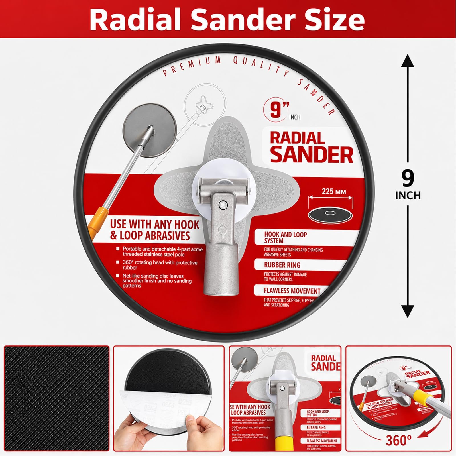 Lijadora de paneles de yeso de 9 pulgadas con poste de extensión para limpieza y pulido de paredes, lijadora de pared para preparación de pintura, lijadora radial circular 360 + 25 discos de lijado de