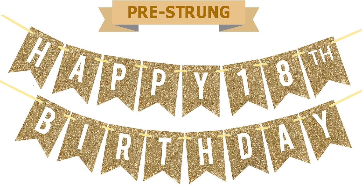 Pre-Strung Happy 18th Birthday Banner - Gold Glitter Garland, No DIY Needed, 6-Foot Long Party Decor - View #7
