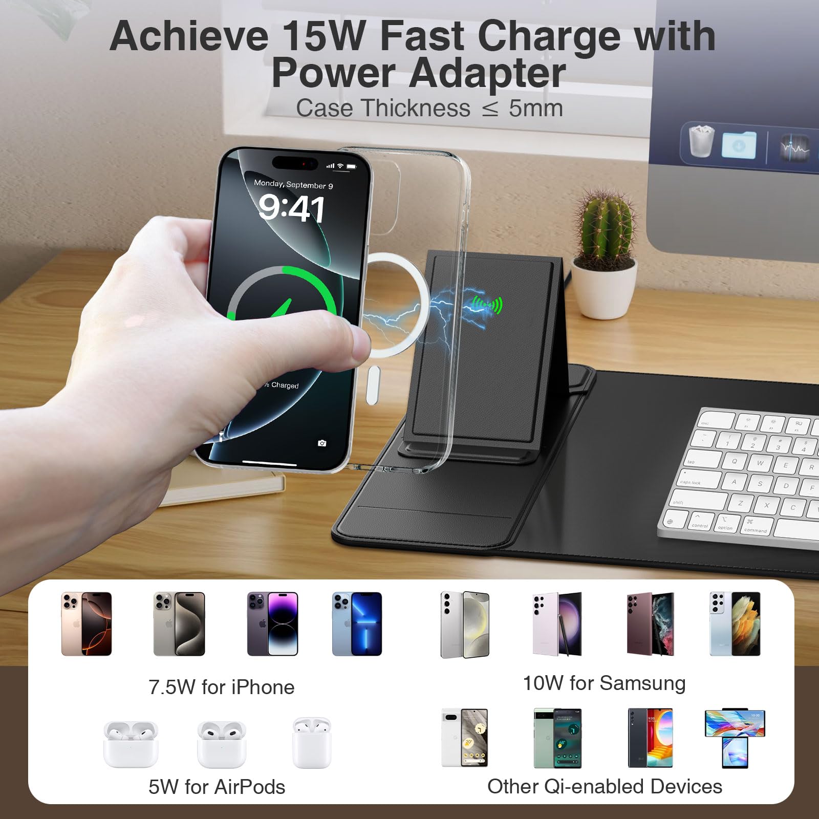 Tappetino per mouse di ricarica wireless con supporto pieghevole per telefono, 69,8 x 30 cm, grande tappetino da scrivania per laptop/tastiera, superficie ultra liscia, base antiscivolo, nero
