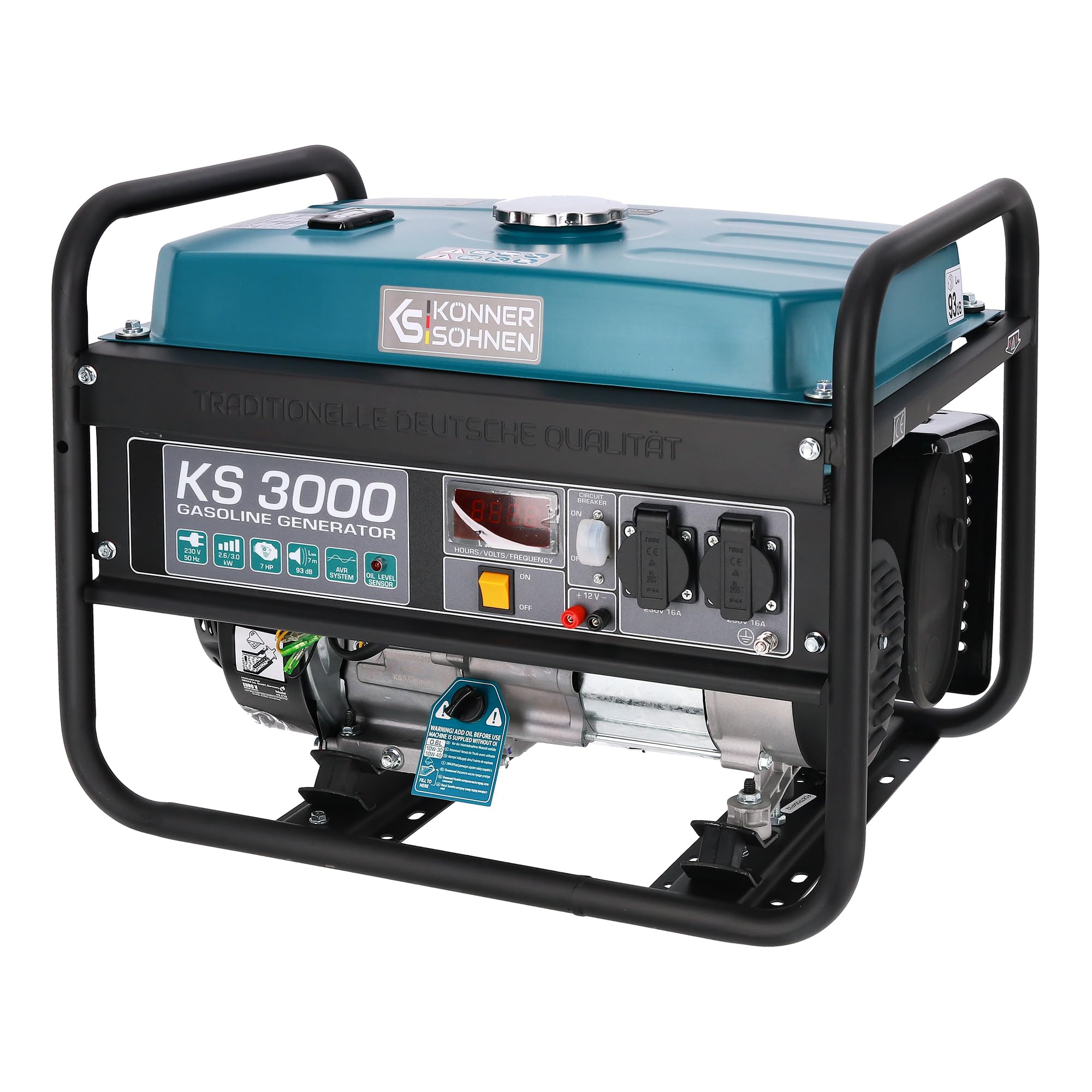 Groupe électrogène à essence KS 3000 puissance max 3000 W, prises Schuko 2x16A (230 V), EURO-​V, régulateur de tension automatique (AVR),​moteur électrique enroulement 100% cuivre,​generateur de courant