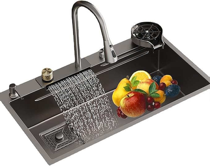 Évier De Cuisine En Acier Inoxydable Noir - Évier Cascade 1 Bac 75x45 Cm, Encastrable, Avec Robinet