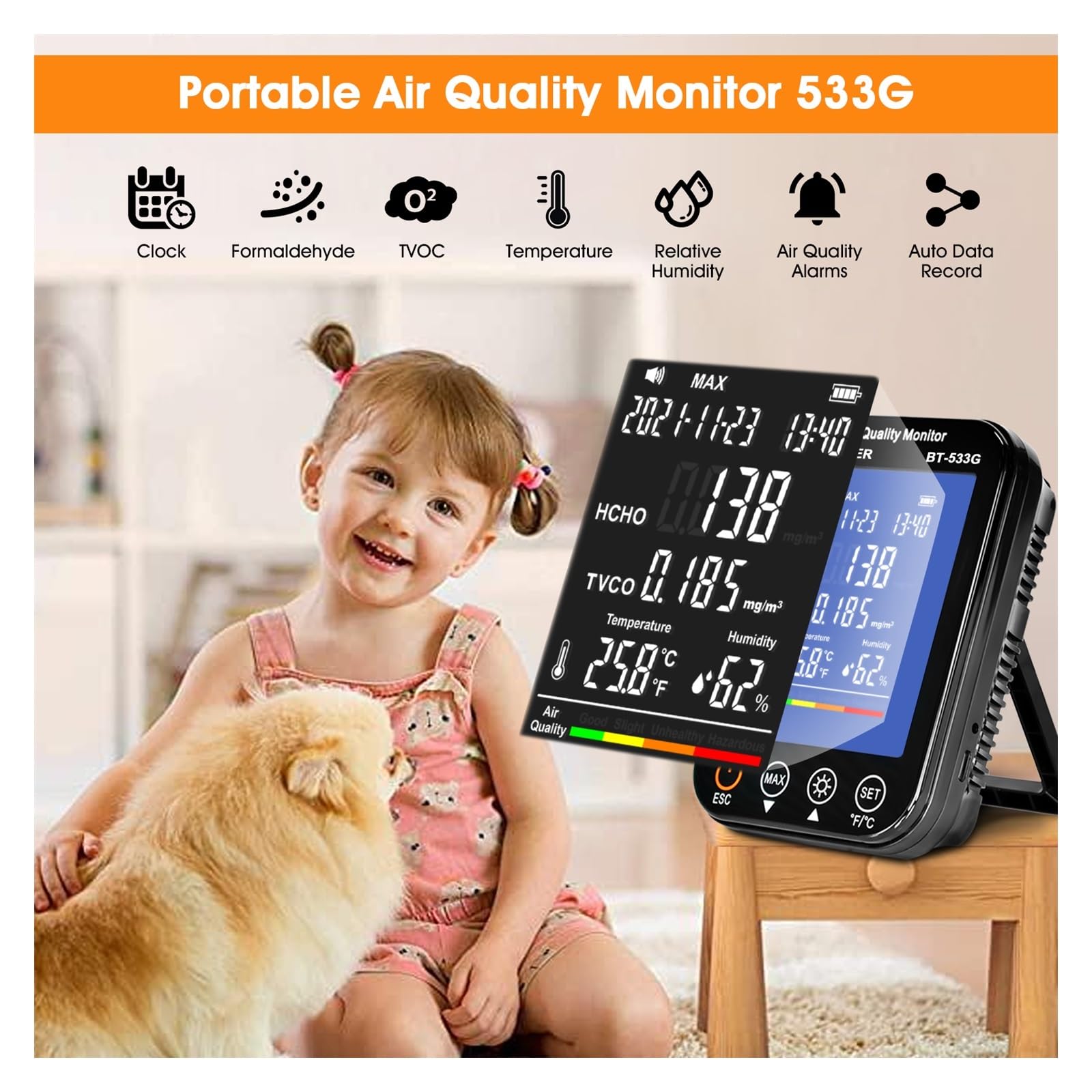 Moniteur de qualité de l'air intérieur BT-533G 4 en 1 détecteur de formaldéhyde HCHO/TVOC testeur précis