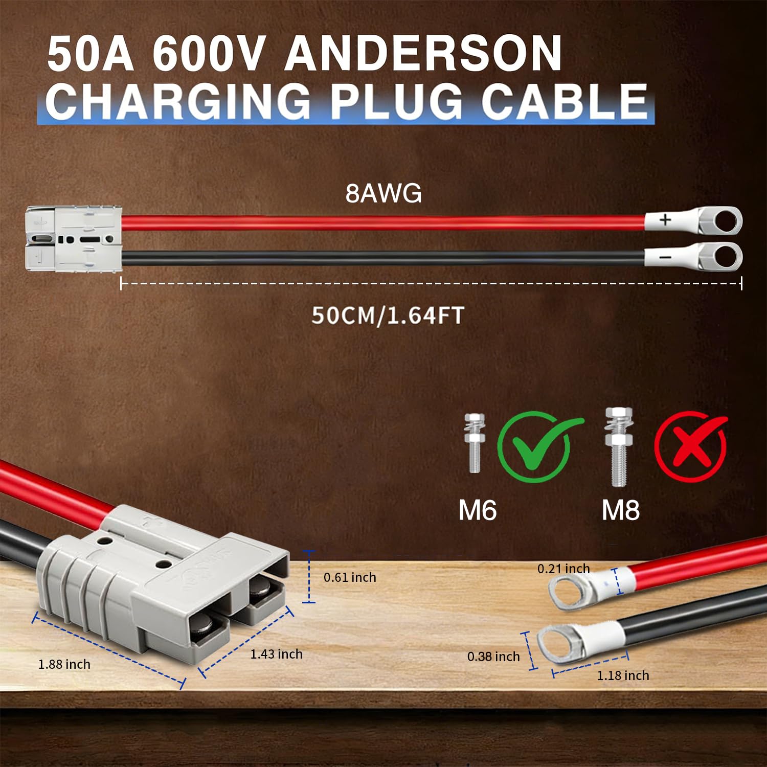 SB50 50A Anderson 8AWG 1.64FT Cable 2PCS for Solar RV Lithium | Pre-assembled SB50 Quick Connector Kit, 8AWG 600V, plug-and-play for lithium battery, solar, RV and outdoor power