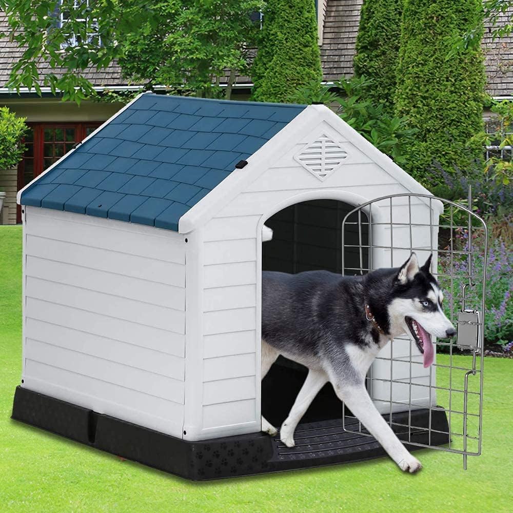 JUMEIYP Dog House Large Outdoor Kennel spacious sturdy Waterproof Ventilated Plastic Pet Dog House with Door and Elevated Floor for Indoor and Outdoor (M)