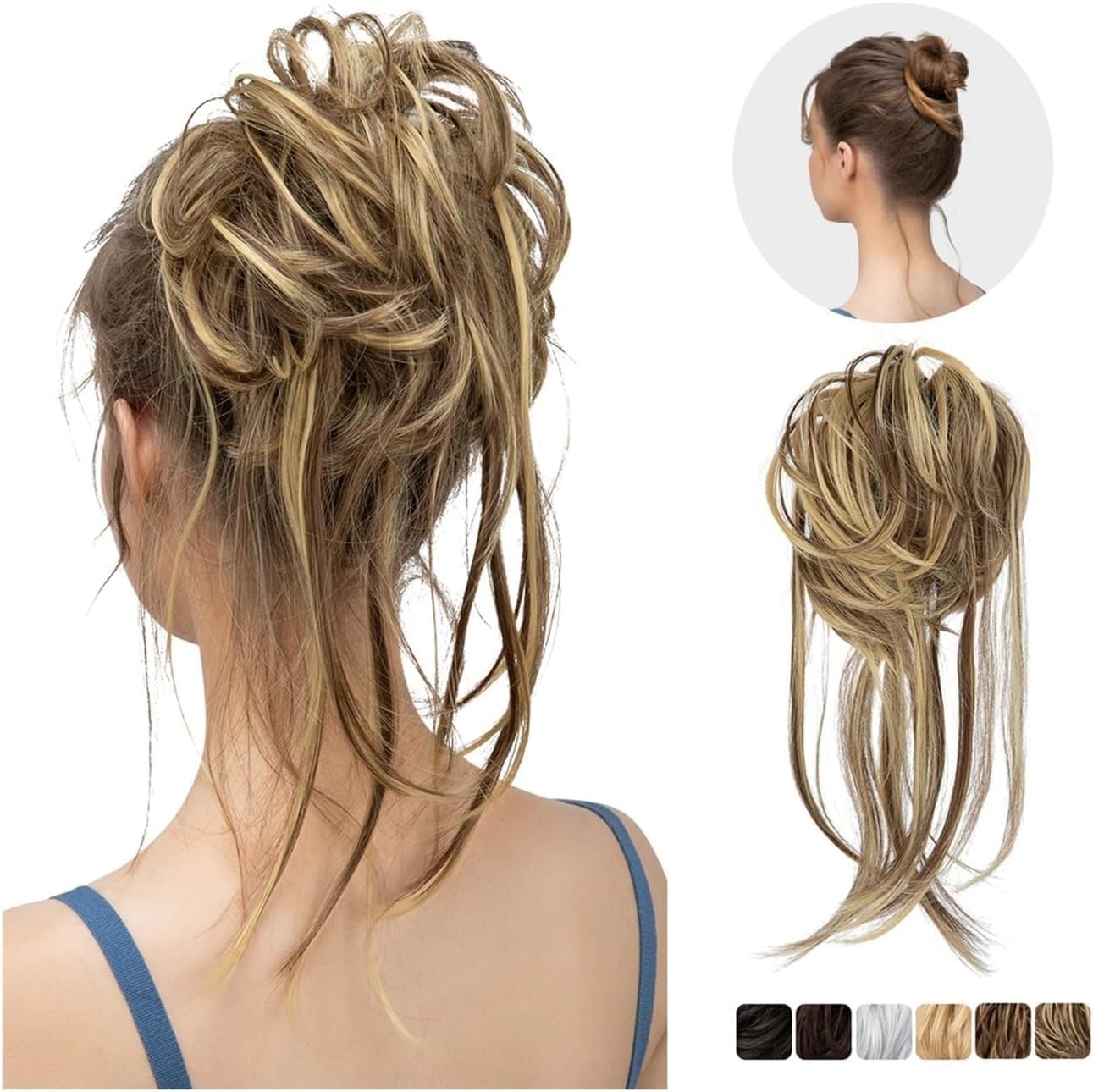 Hair Bun Hairpiece for Women Synthetic Elastic Messy Bun Hairpieces Curly Scrunchie Black Blonde Brown Chignon Band Updo Donut for Women Natural Fake Hair Hair Chignons, 24BH613