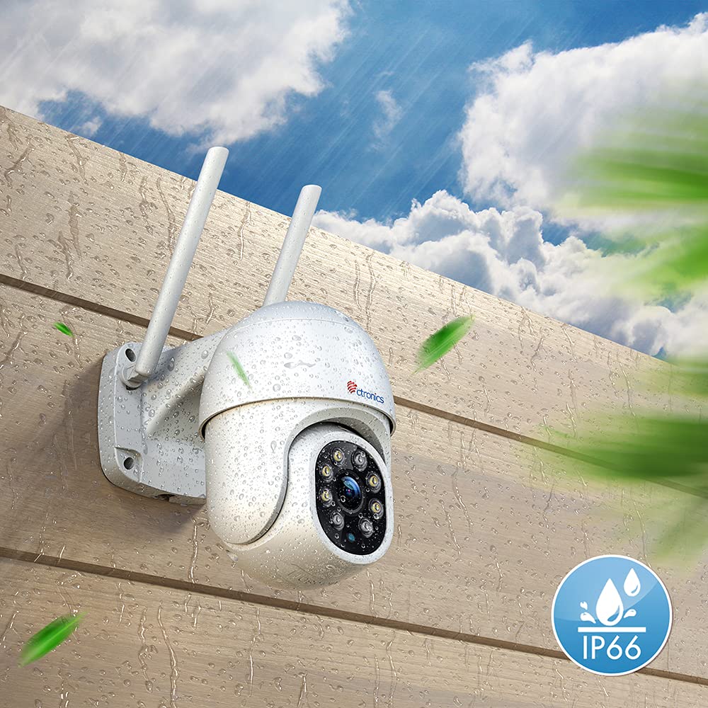 Ctronics 2K 4MP Telecamera di sorveglianza esterna WiFi PTZ 2560 x 1440 | WiFi IP Telecamera per esterni con rilevamento automatico, rilevamento persone, visione notturna colorata, rotazione a 355°