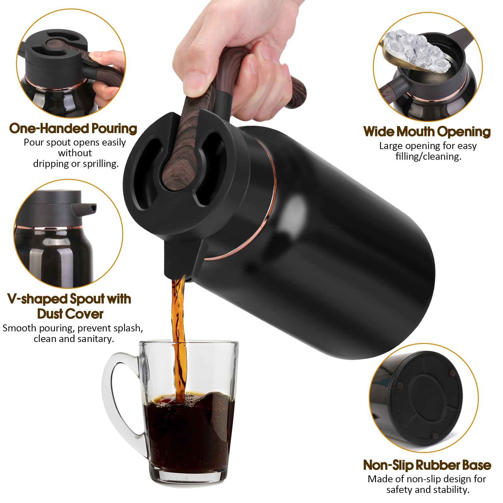 Jarra térmica de café de 70 onzas, jarras de acero inoxidable para líquidos calientes 36 horas, jarras de café aisladas para mantener el café caliente, agua caliente, té, bebidas calientes (negro)