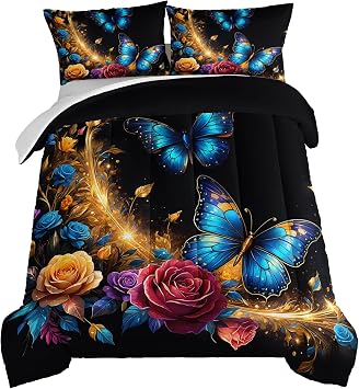 HOSIMA Blue Butterfly Comforter Kids Bedding Set Twin Size,Golden Light Emitting Leaves Printed Bedding Comforter Set with 2 Pillowcases,Colorful Floral Bedding for Teens Boys Girls Room Decor.