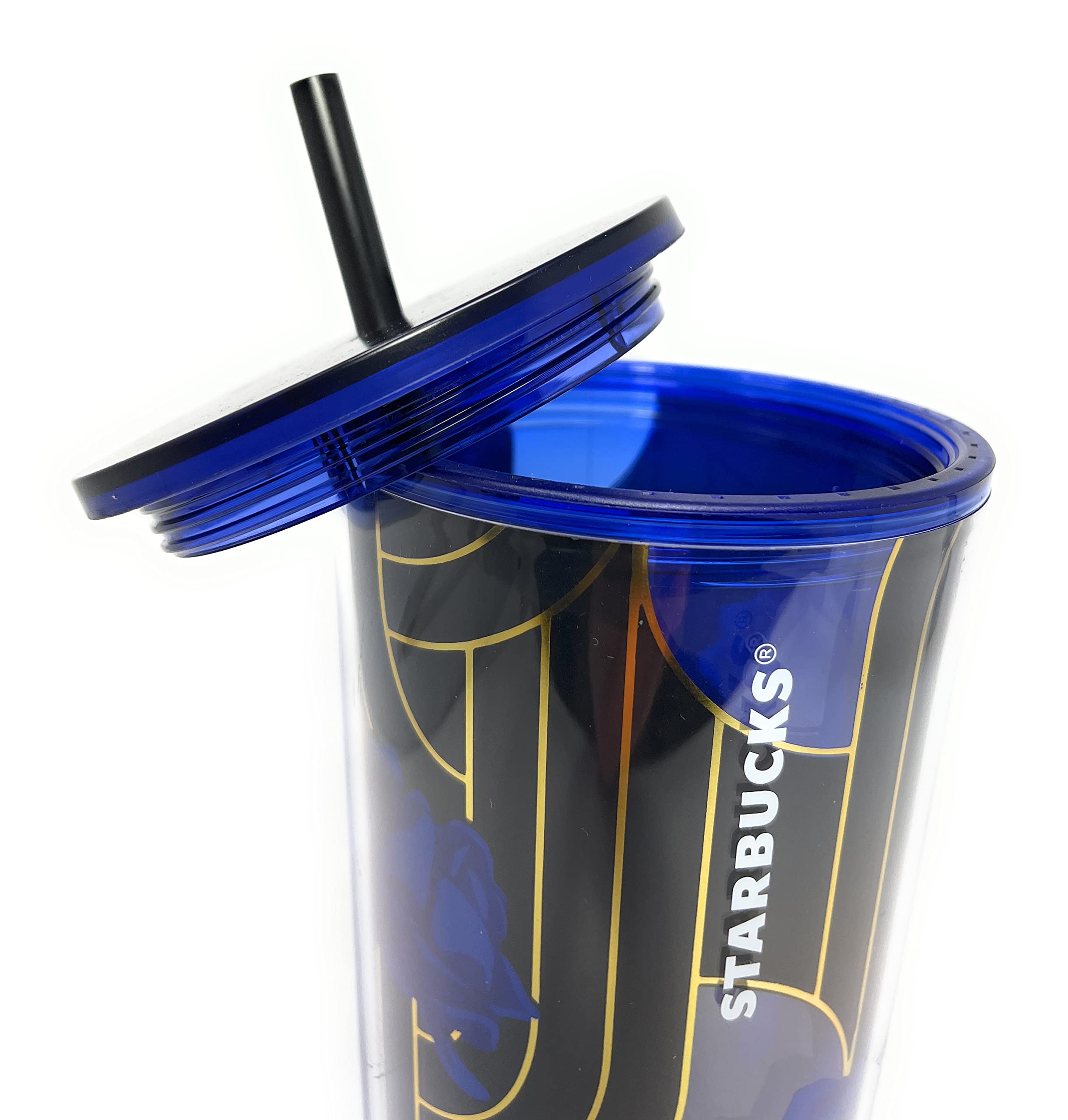 Amazon.com | Starbucks 24 oz Blue Rose Black with Gold and Clear Blue  Graphic Insulated Double Wall Cold Cup Tumbler: Tumblers & Water Glasses
