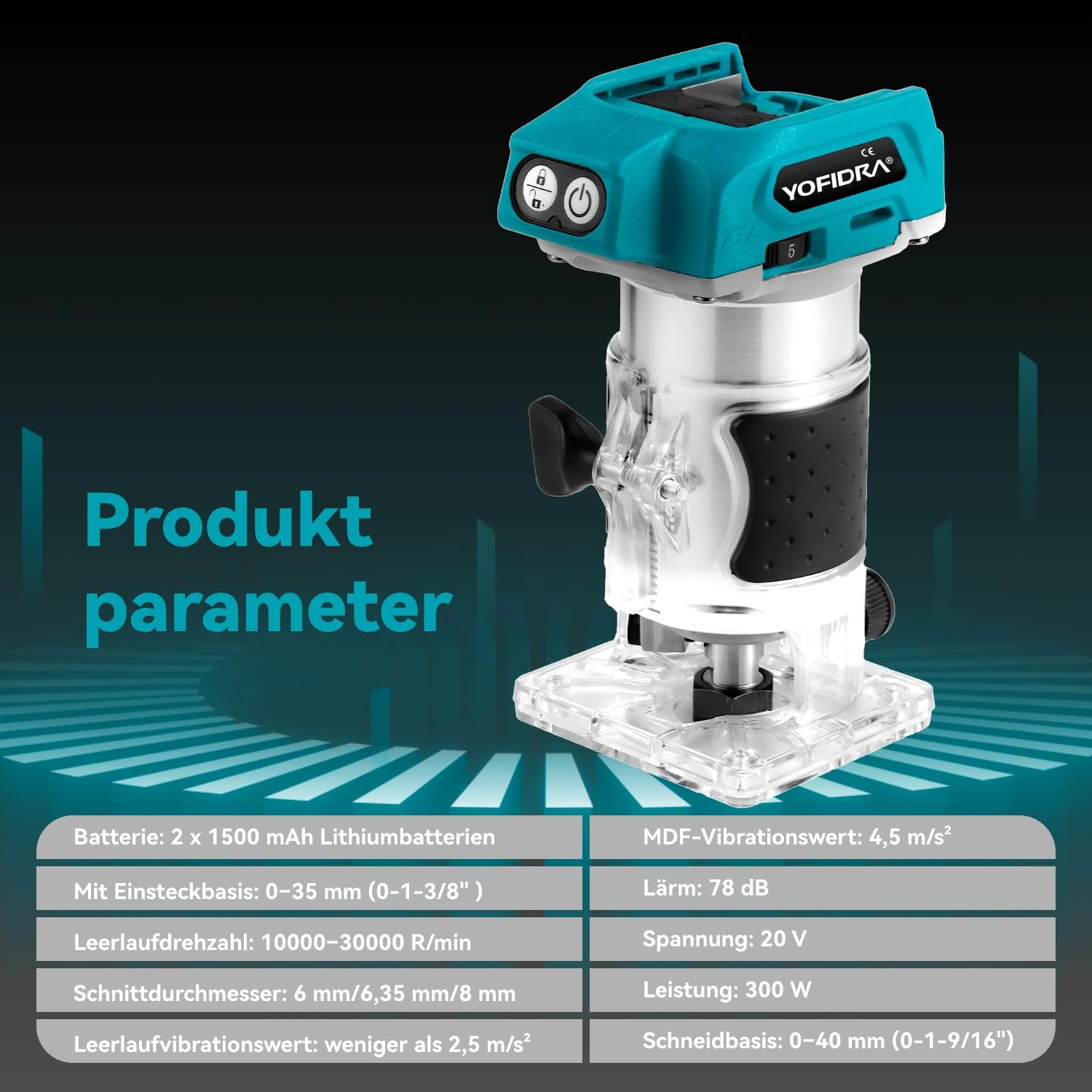 Yofidra Fresadora para Madera a batería, Rebajadora Eléctrica 20V | 10000-30000RPM | 5 Velocidades | 300W | Pinzas de 6mm/6.35mm/8mm | Profundidad Ajustable 0-40mm | 2 3.0Baterías