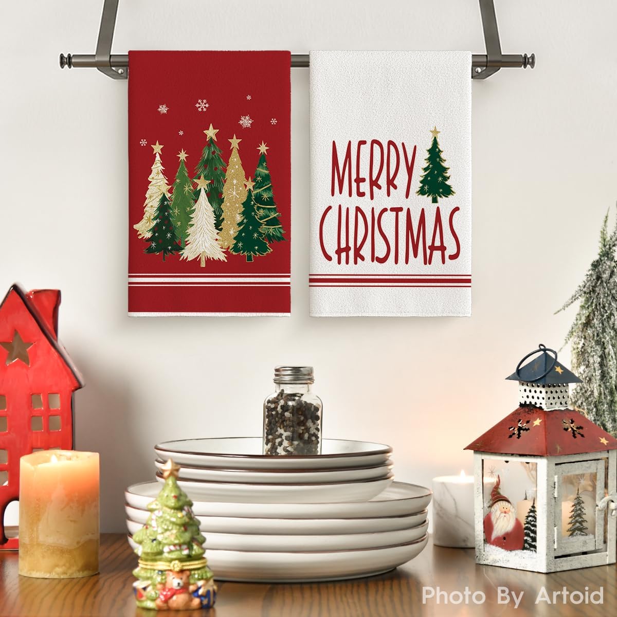Artoid Mode Red Sleigh Star Xmas Tree Merry Christmas Kitchen Towels Dish Towels, 18x26 Inch Farmhouse Holiday Winter Decoration Cleaning Set of 4 18" x 26" Red