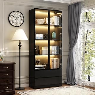 DEZAGCE Vitrina con puertas de cristal, estantería de pie para salón, dormitorio, comedor, oficina, cocina, 80 x 36 x 200 cm, MDF, negro