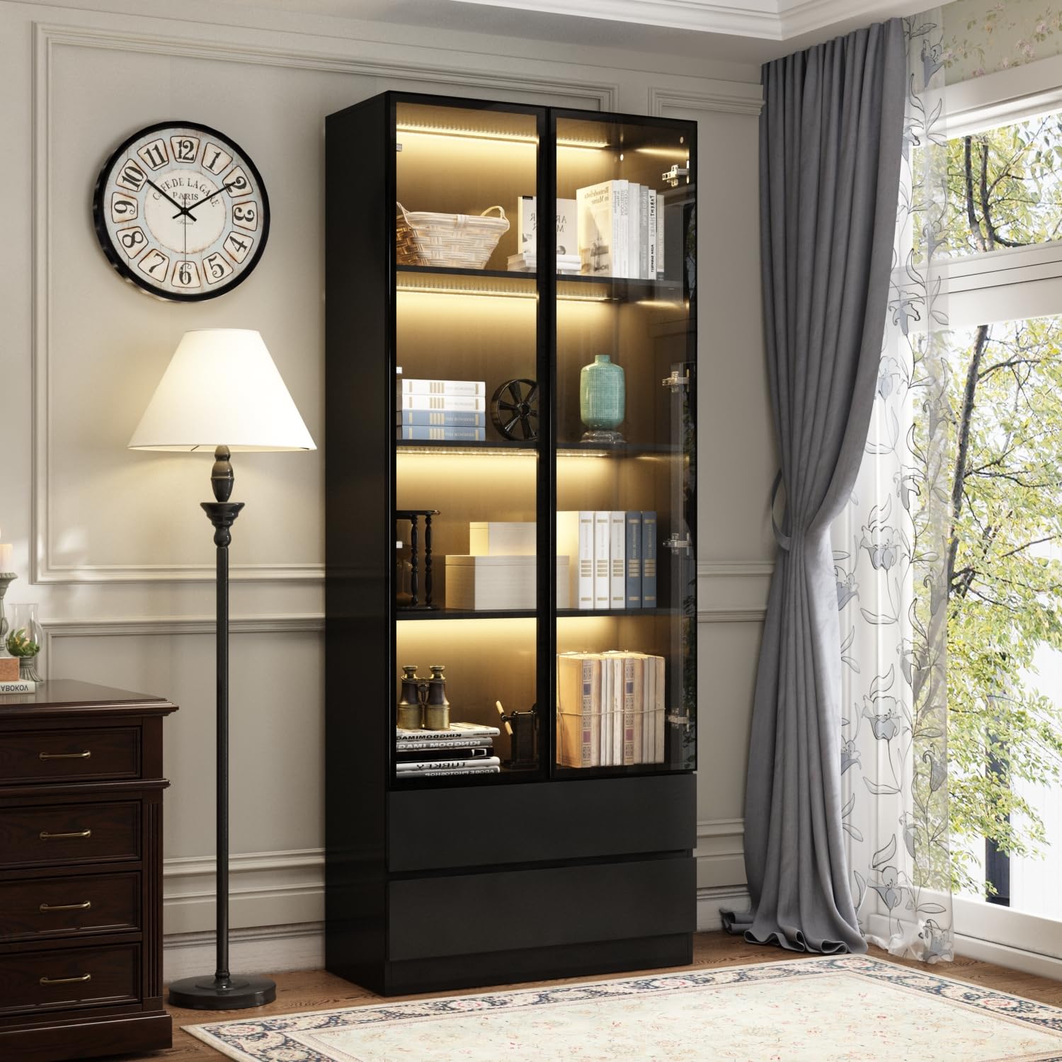 Vitrina con puertas de cristal, estantería de pie para salón, dormitorio, comedor, oficina, cocina, 80 x 36 x 200 cm, MDF, negro