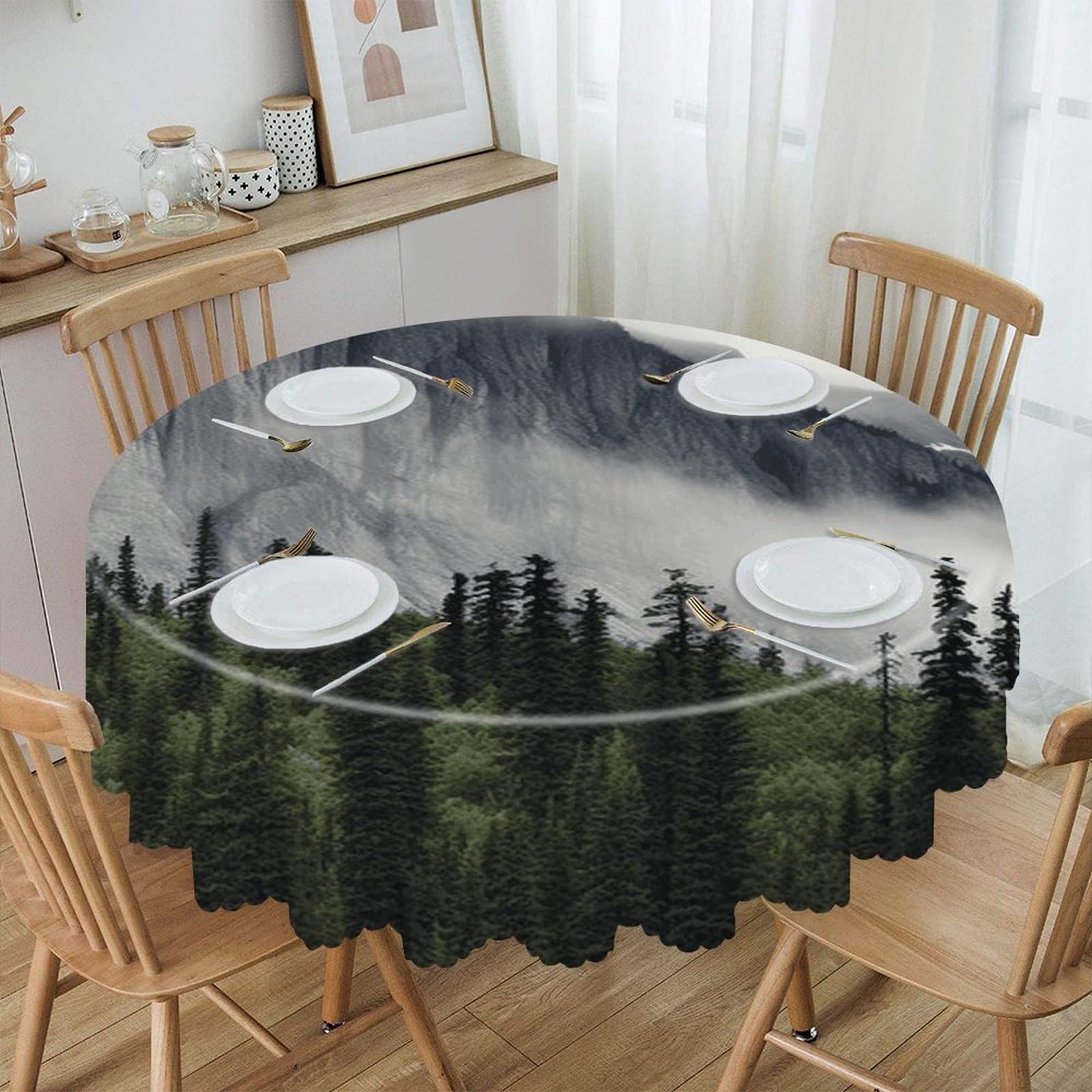 VstaDank 60 Inch Round Canadian Smokey Mountain Cliff Tablecloth Polyester Waterproof Wrinkle Free Table Cloth Spillproof Washable Table Cover Colorful Tablecover Decor for Home Kitchen Dining Party