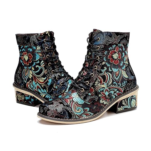 CrazycatZ Womens Leather Ankle Boots, Block Heels Vintage Colorful Bohemioan