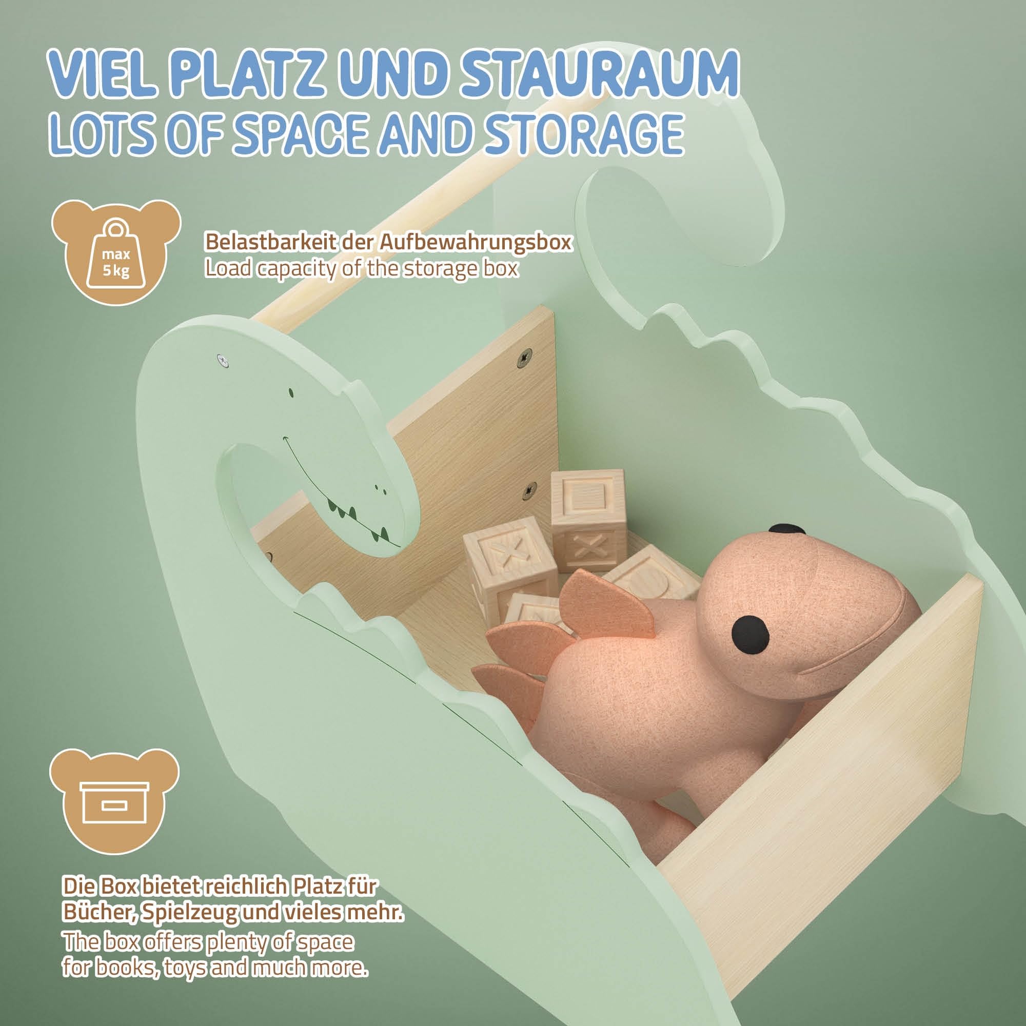 Joyz Coffre à Jouets en Bois, Design Dino, 57x31,5x49 cm, Vert-Nature, Bibliothèque avec Espace Ouvert, Chariot à roulettes, Boîte avec Espace de Rangement, Trotteur Pratique pour Chambre d'enfant