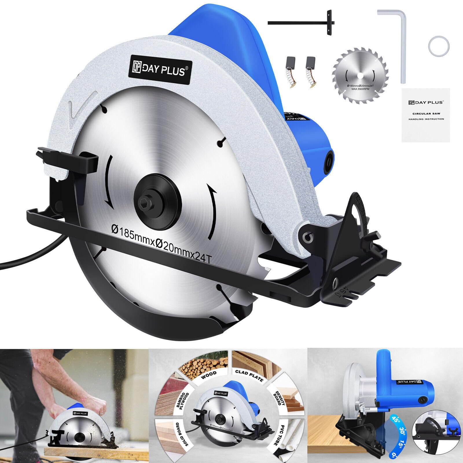 Lucn Scie circulaire électrique 2000 W - Outil de coupe robuste pour bois et métal - Avec lames de 57 mm - Interrupteur de sécurité - Idéal pour le bois, le plastique, le métal souple